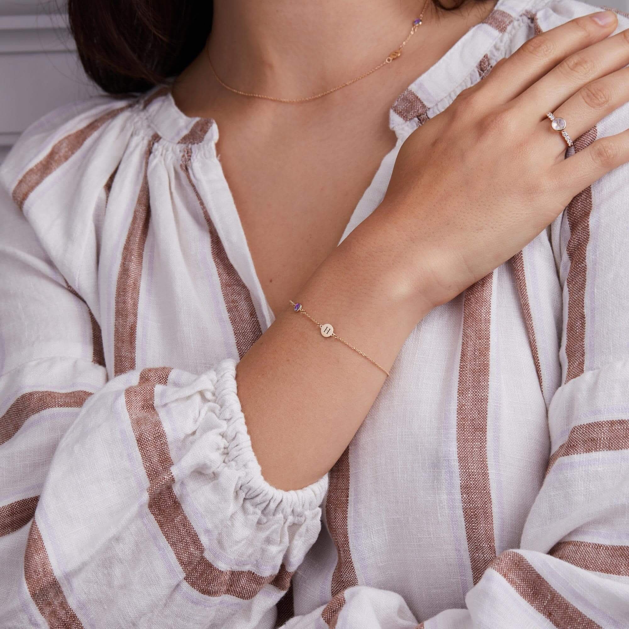 1 Letter & 1 Petite Amethyst Bracelet in 14k Gold (February) - Image 2