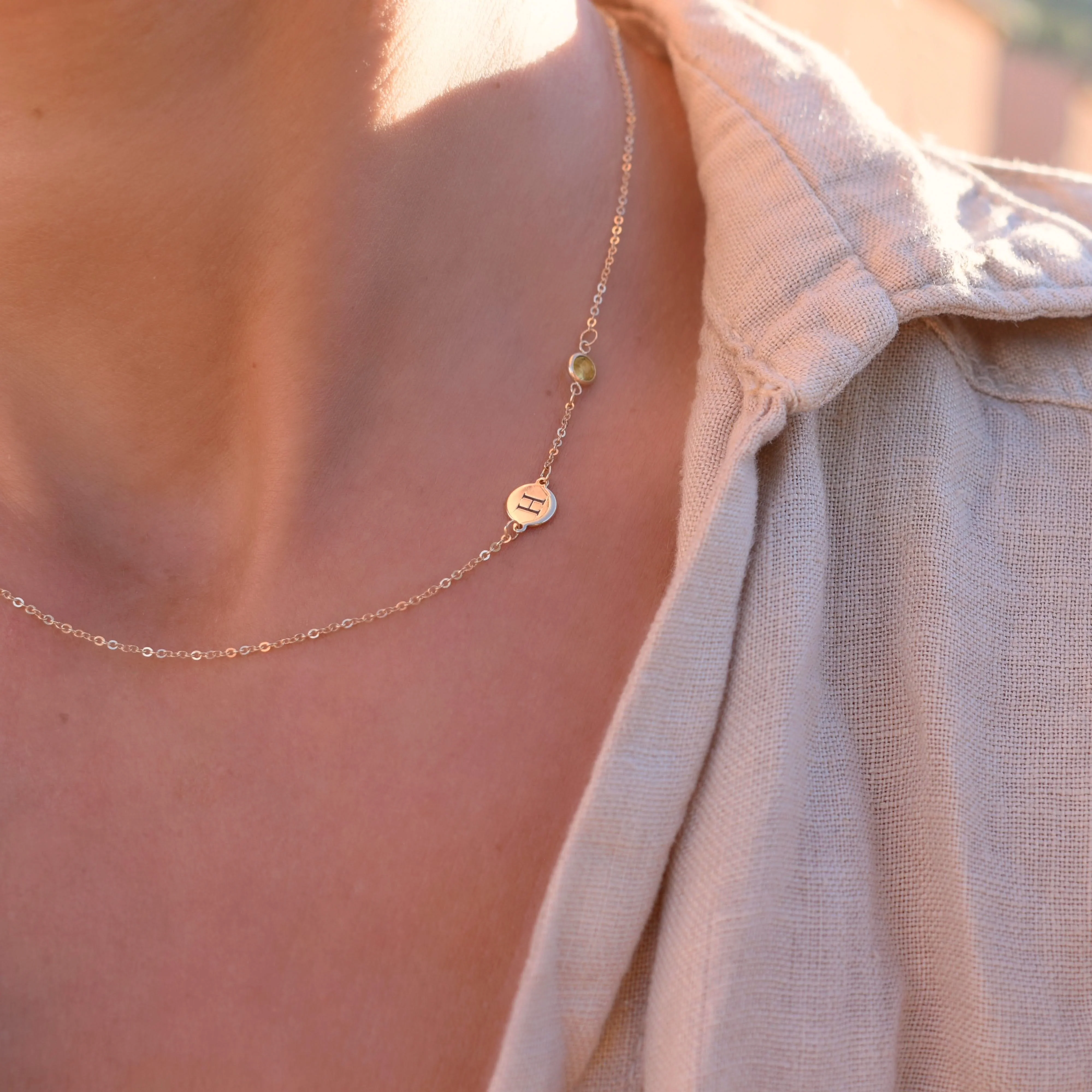 1 Letter & 1 Petite Peridot Necklace in 14k Gold (August) - Image 9