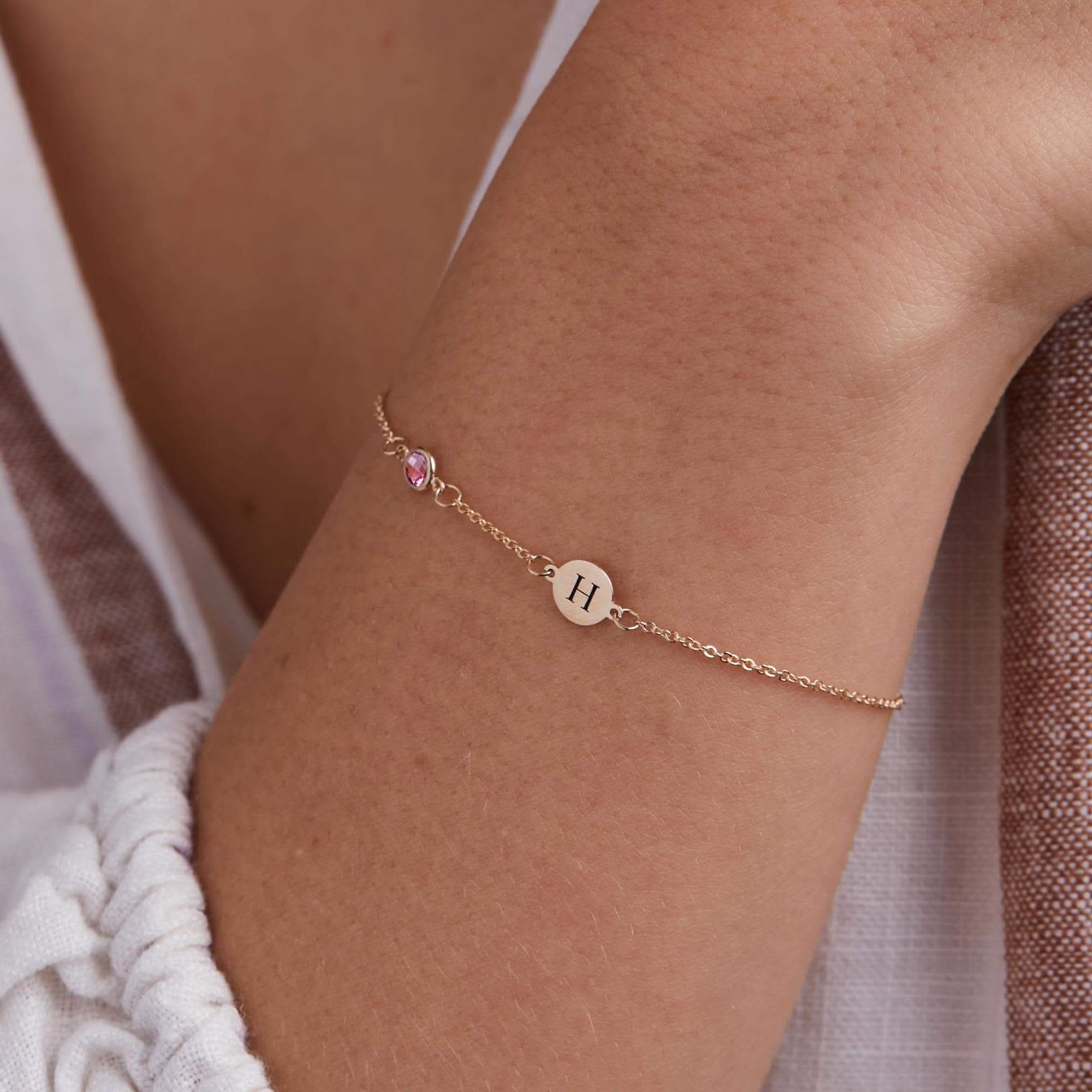 1 Letter & 1 Petite Pink Sapphire Bracelet in 14k Gold (October) - Image 3