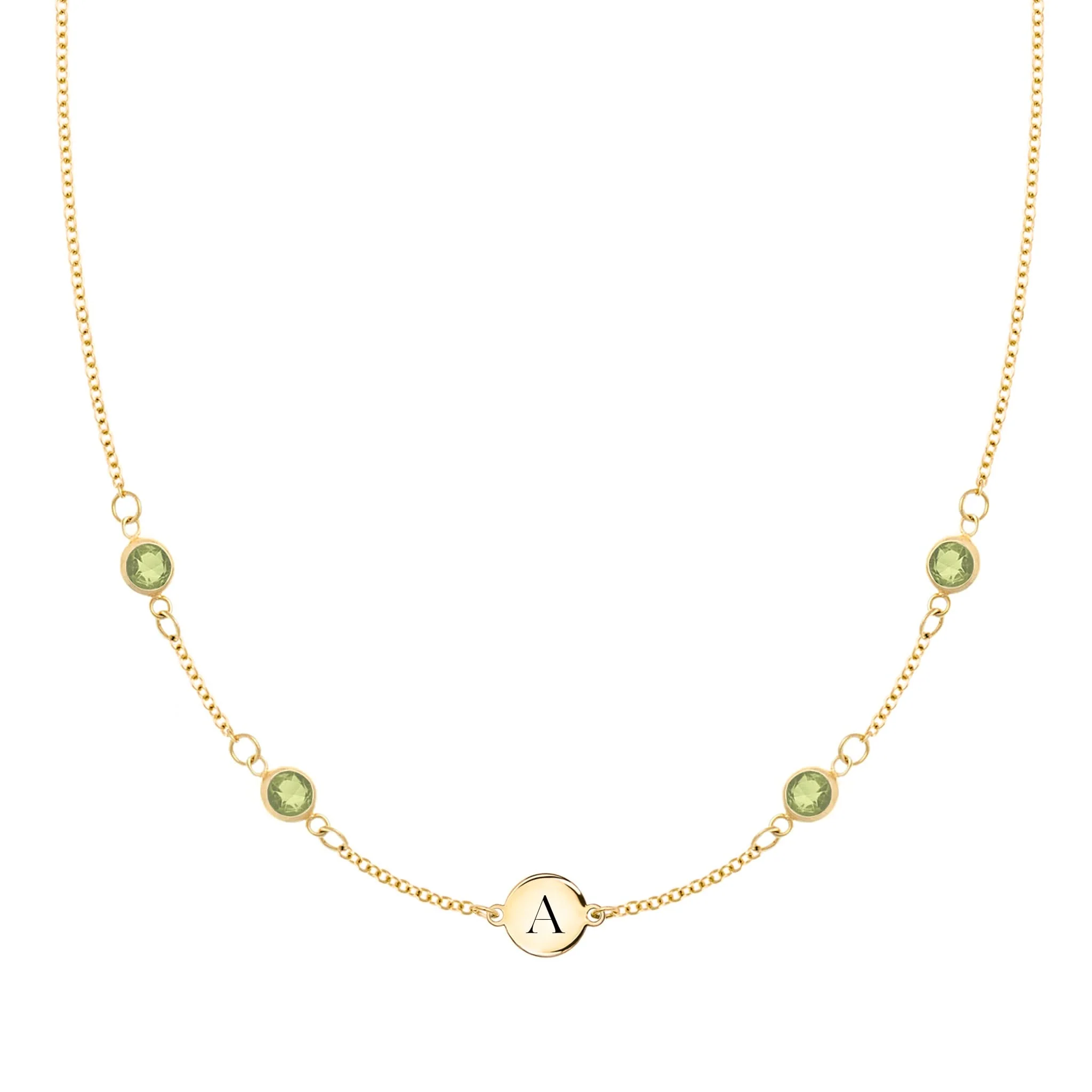 1 Letter & 4 Petite Peridot Necklace in 14k Gold (August)