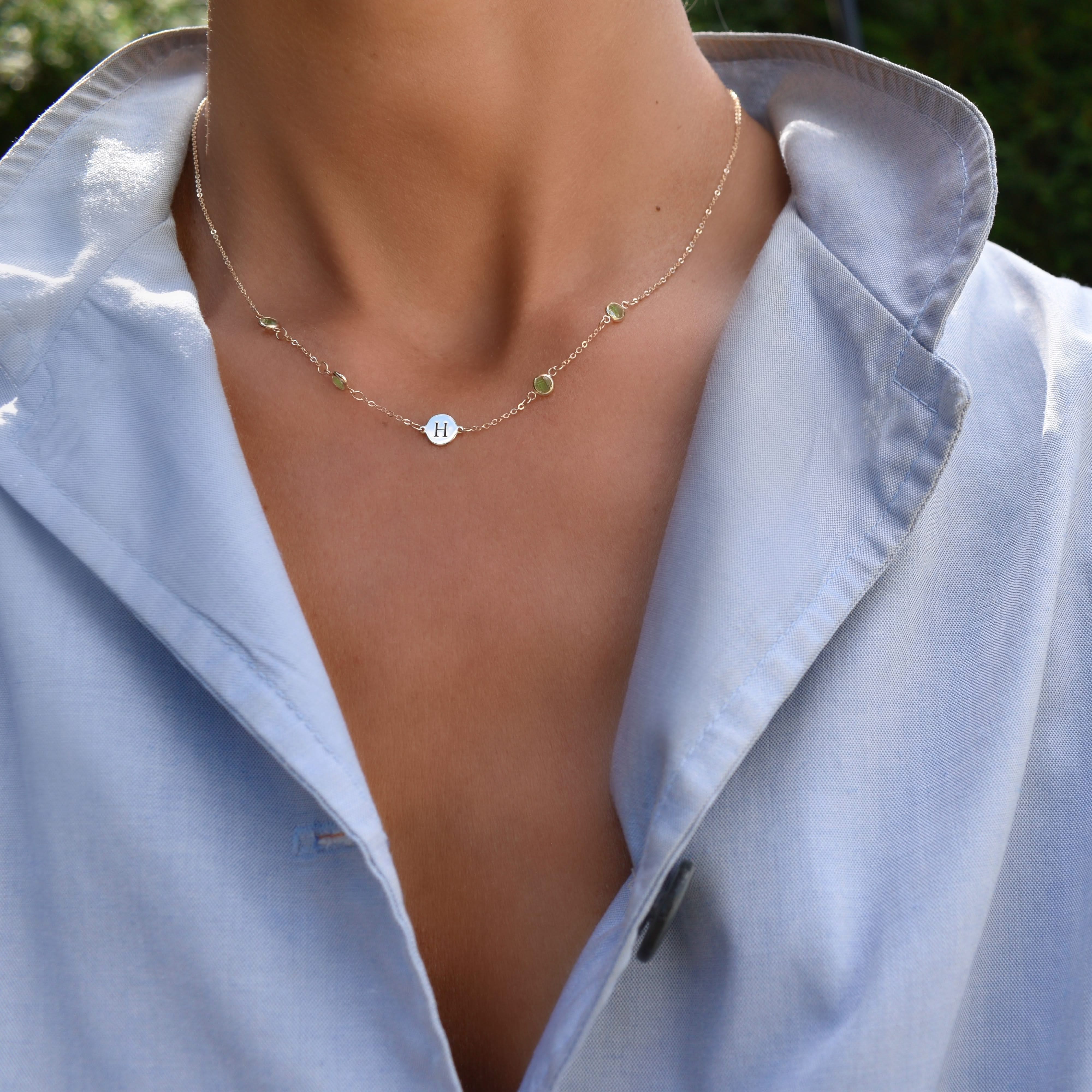 1 Letter & 4 Petite Peridot Necklace in 14k Gold (August) - Image 5