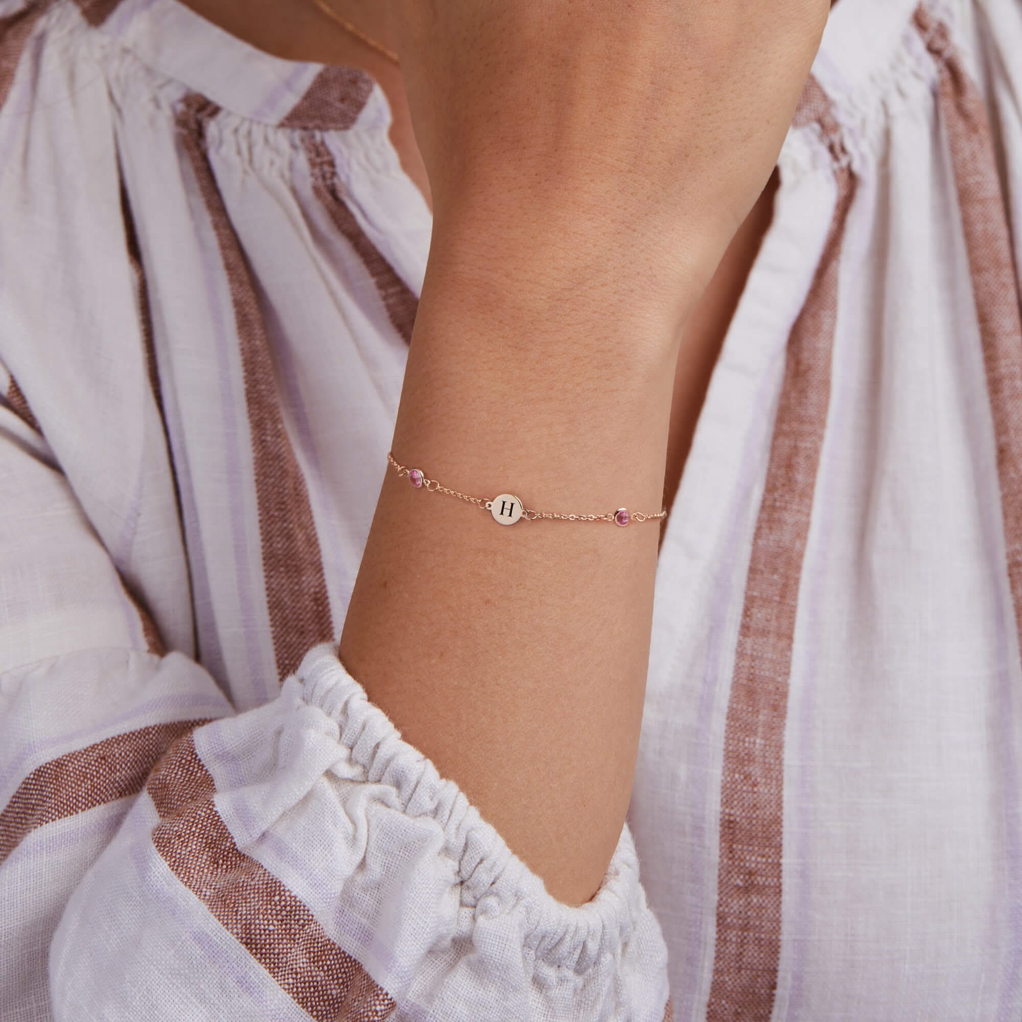 1 Letter & 4 Petite Pink Sapphire Bracelet in 14k Gold (October) - Image 2