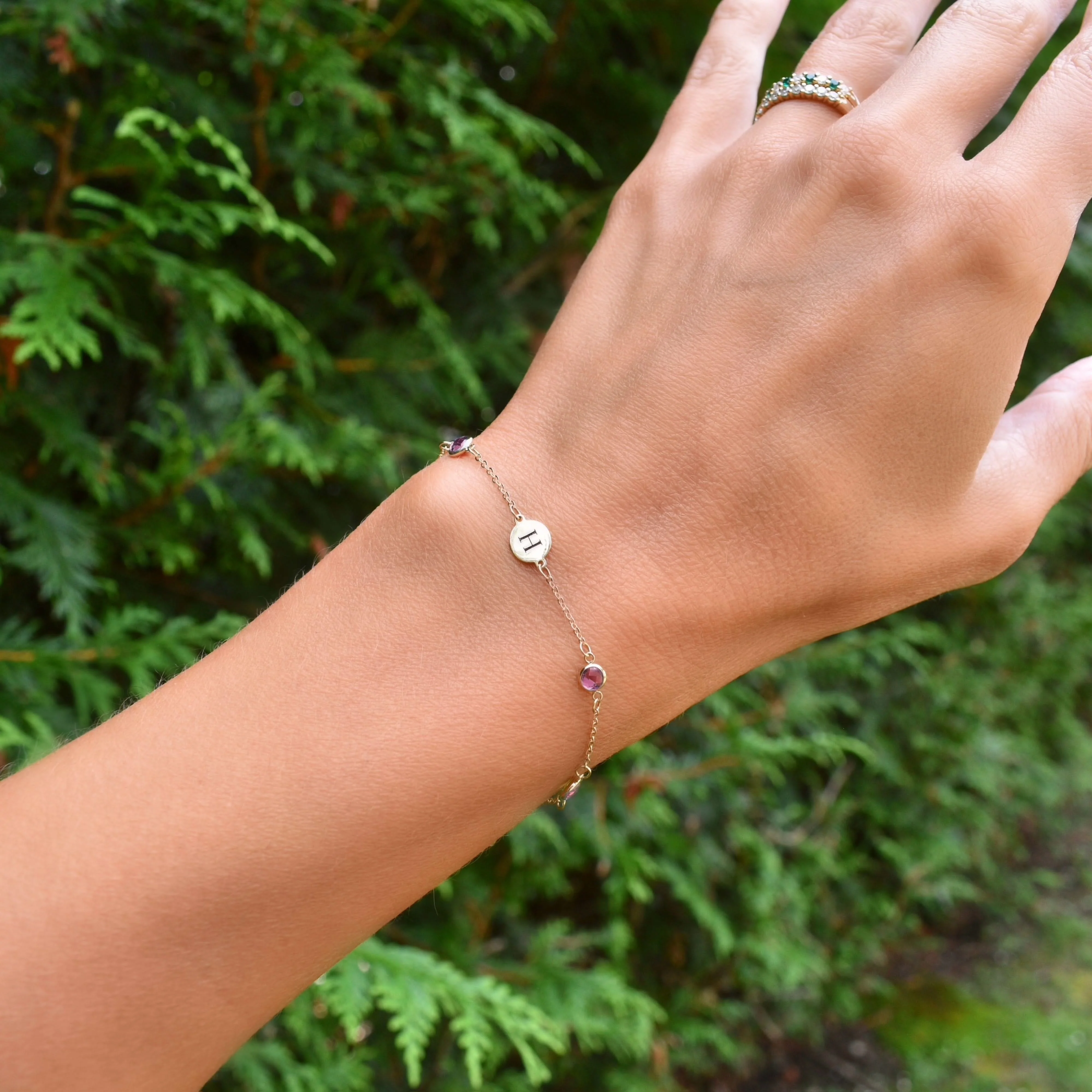 1 Letter & 4 Petite Pink Sapphire Bracelet in 14k Gold (October) - Image 6