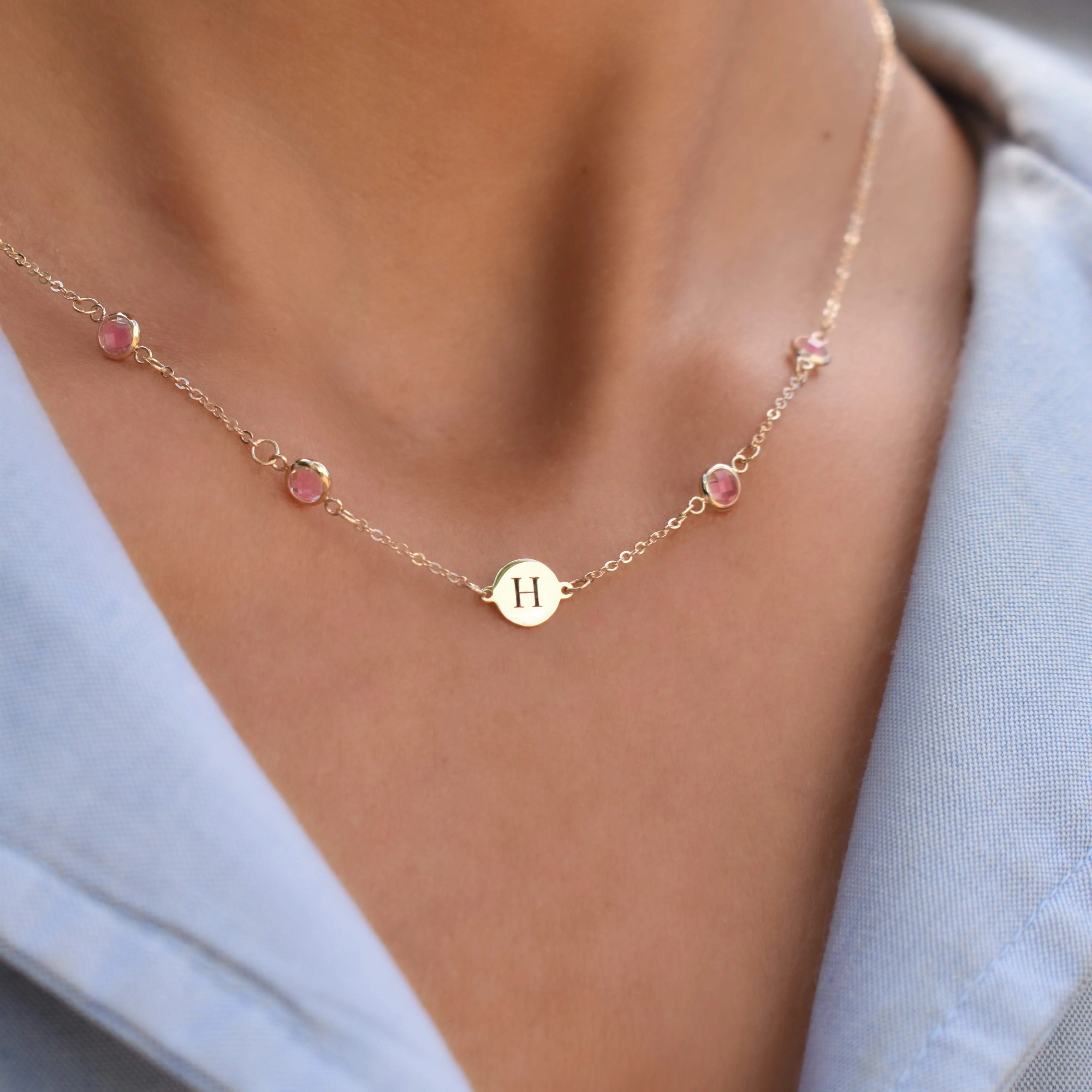 1 Letter & 4 Petite Pink Sapphire Necklace in 14k Gold (October) - Image 8