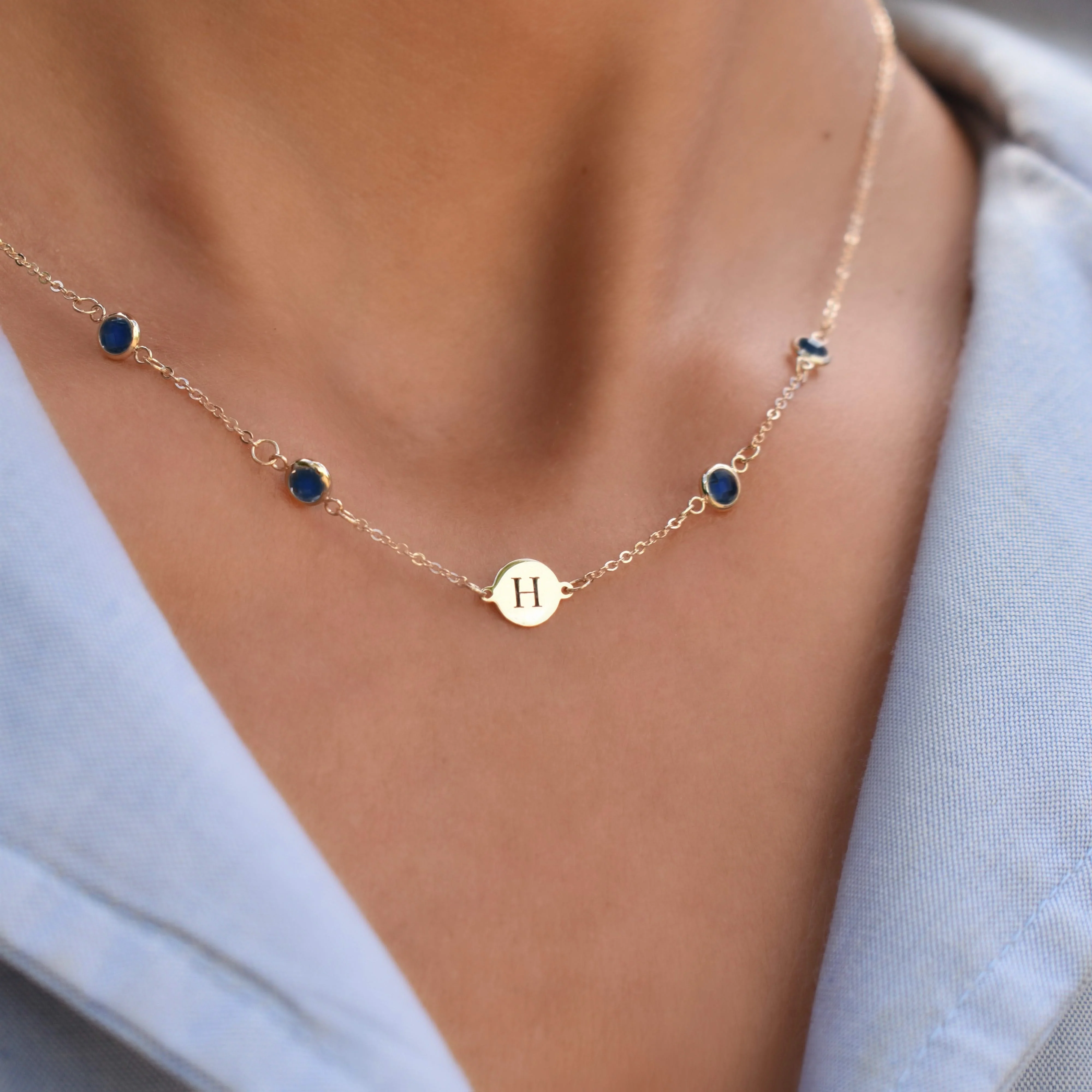1 Letter & 4 Petite Sapphire Necklace in 14k Gold (September) - Image 7
