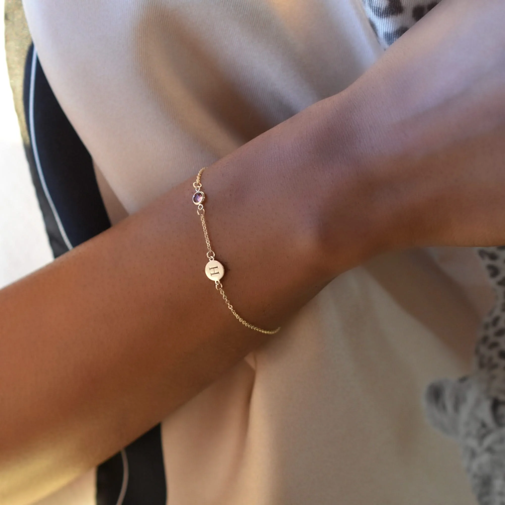 1 Letter & 1 Petite Birthstone Bracelet in 14k Gold - Image 10