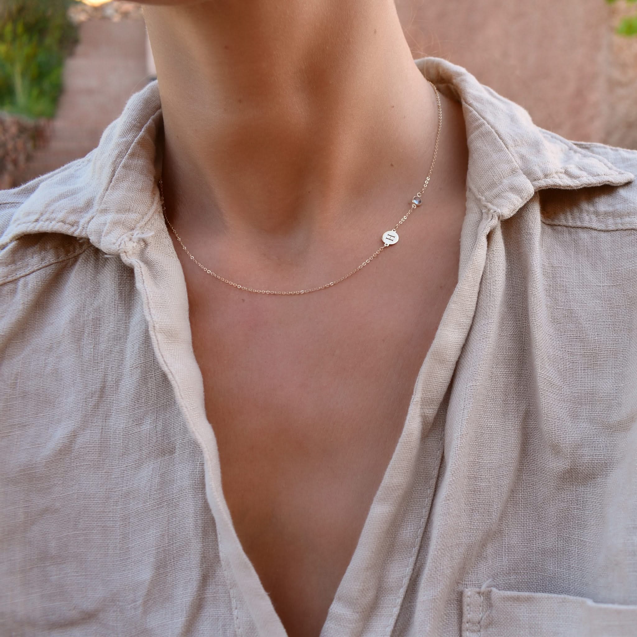 1 Letter & 1 Petite Birthstone Necklace in 14k Gold (Double Spacing) - Image 6