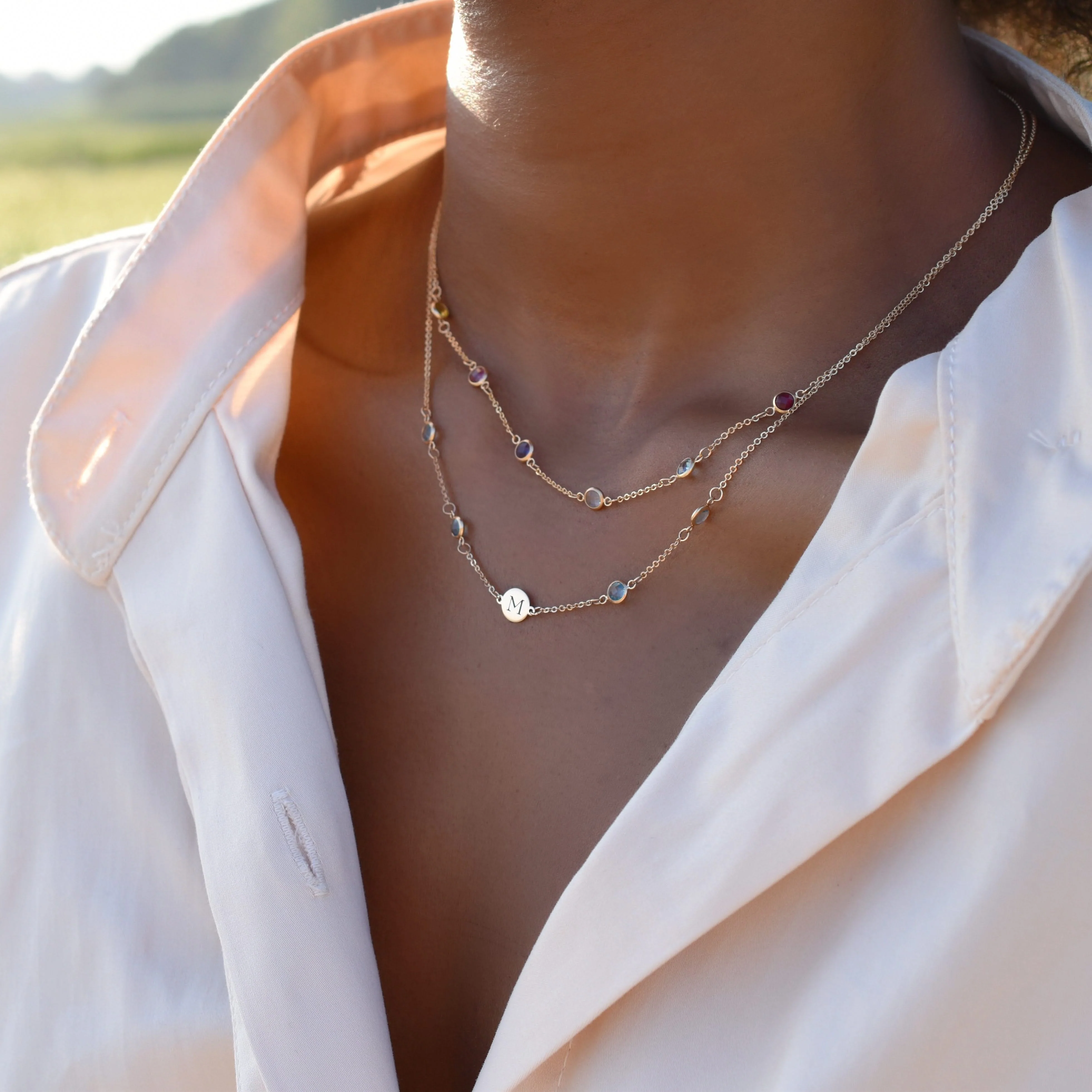 1 Letter & 4 Petite Birthstone Necklace in 14k Gold (Double Spacing) - Image 8