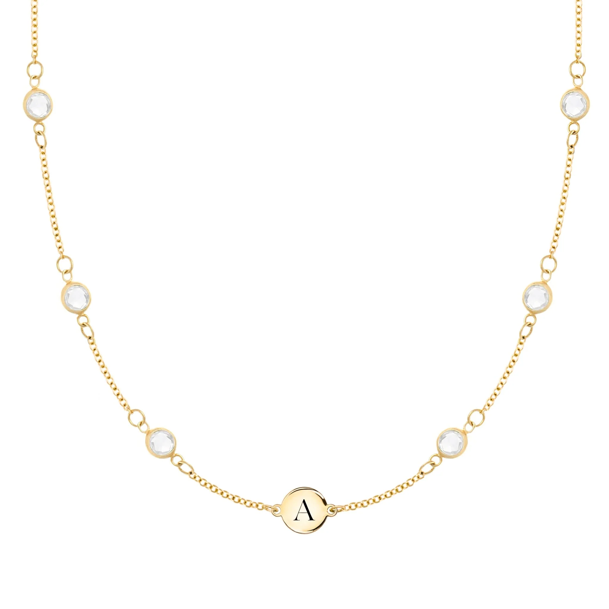 1 Letter & 6 Petite Birthstone Necklace in 14k Gold (Double Spacing)