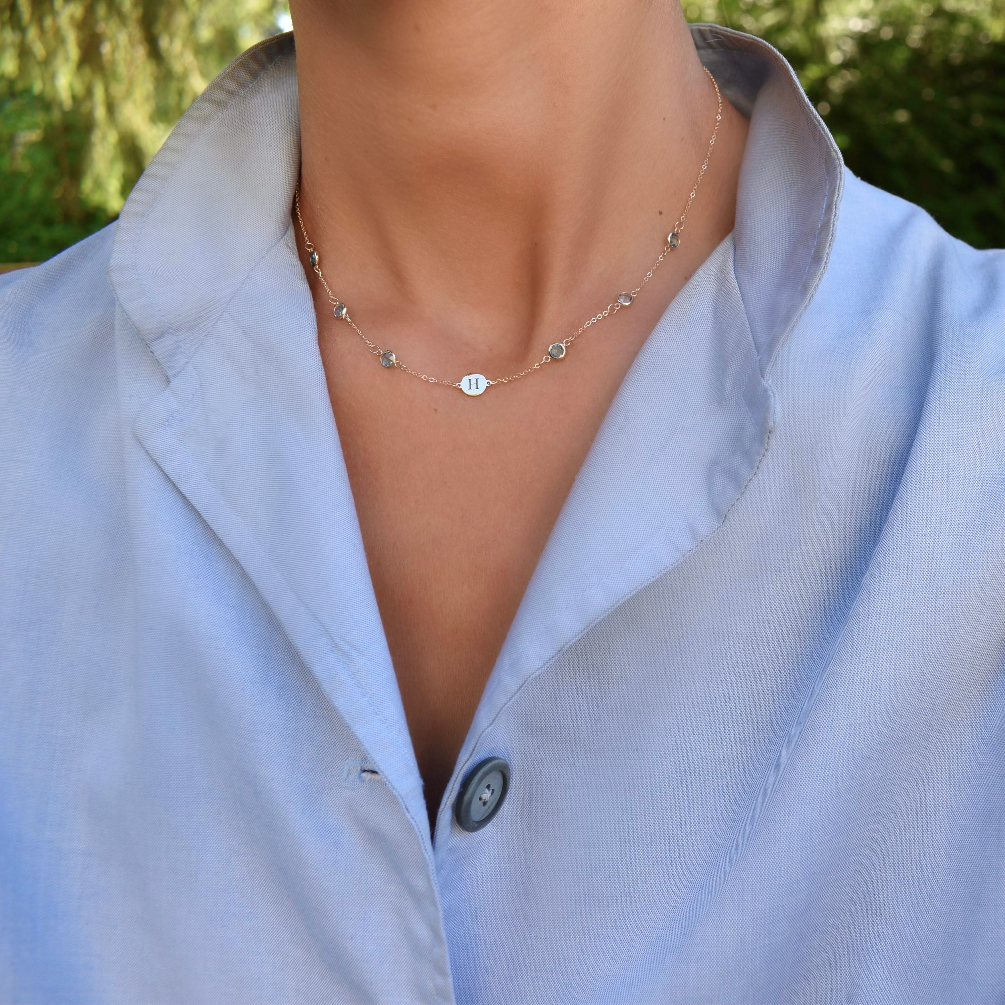 1 Letter & 6 Petite Birthstone Necklace in 14k Gold (Double Spacing) - Image 2