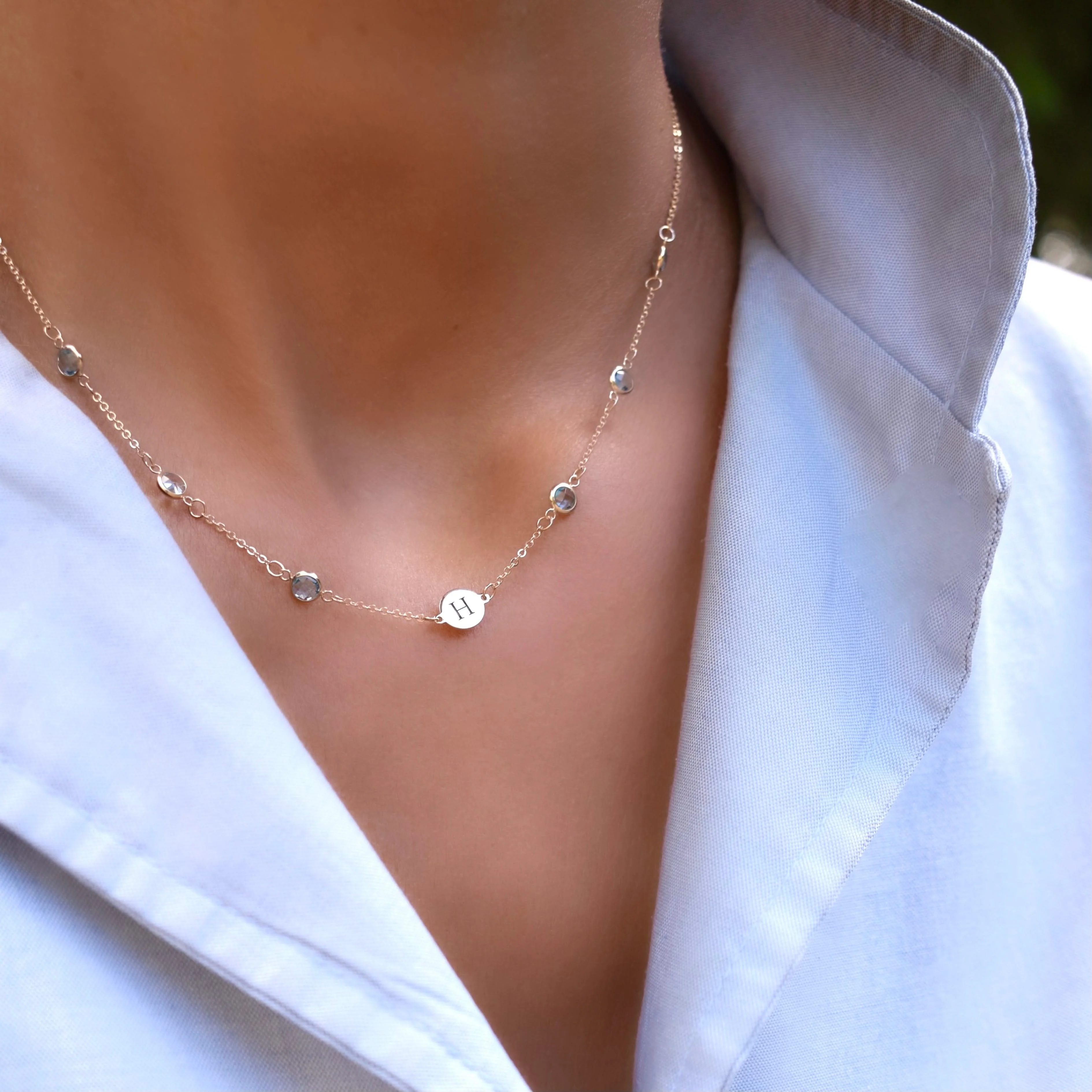 1 Letter & 6 Petite Birthstone Necklace in 14k Gold (Double Spacing) - Image 3