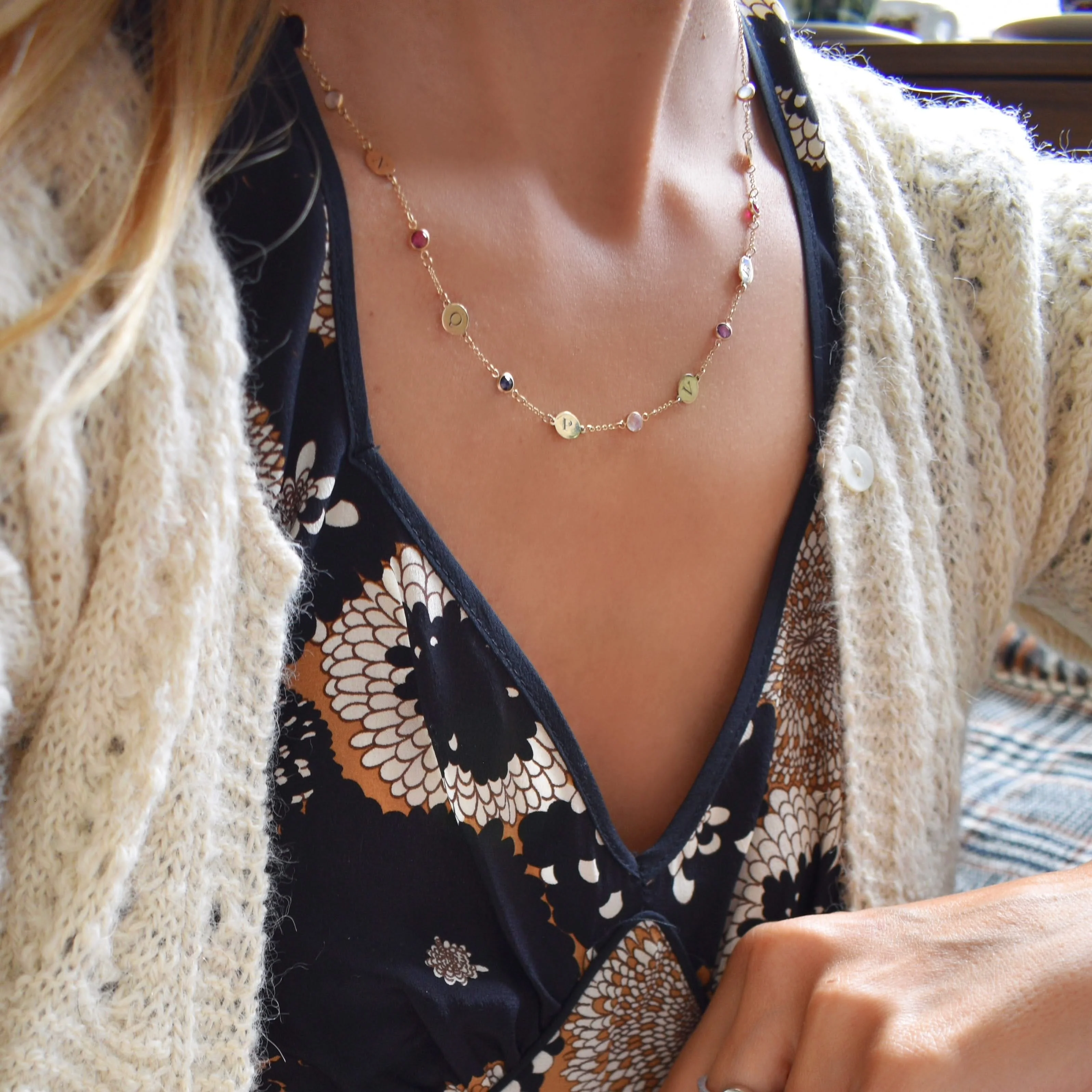 10 Letter & 10 Petite Birthstone Necklace in 14k Gold (Single Spacing) - Image 3