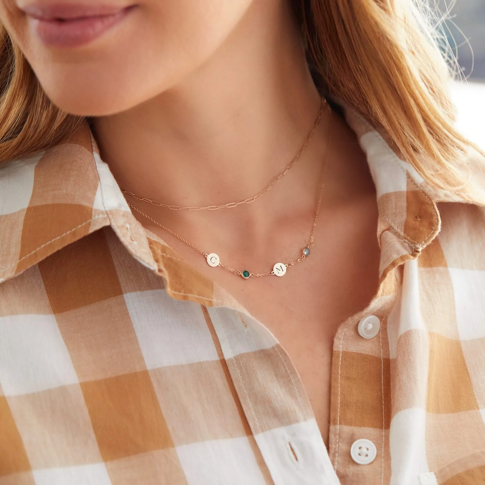 2 Letter & 2 Petite Birthstone Necklace in 14k Gold (Single Spacing) - Image 11