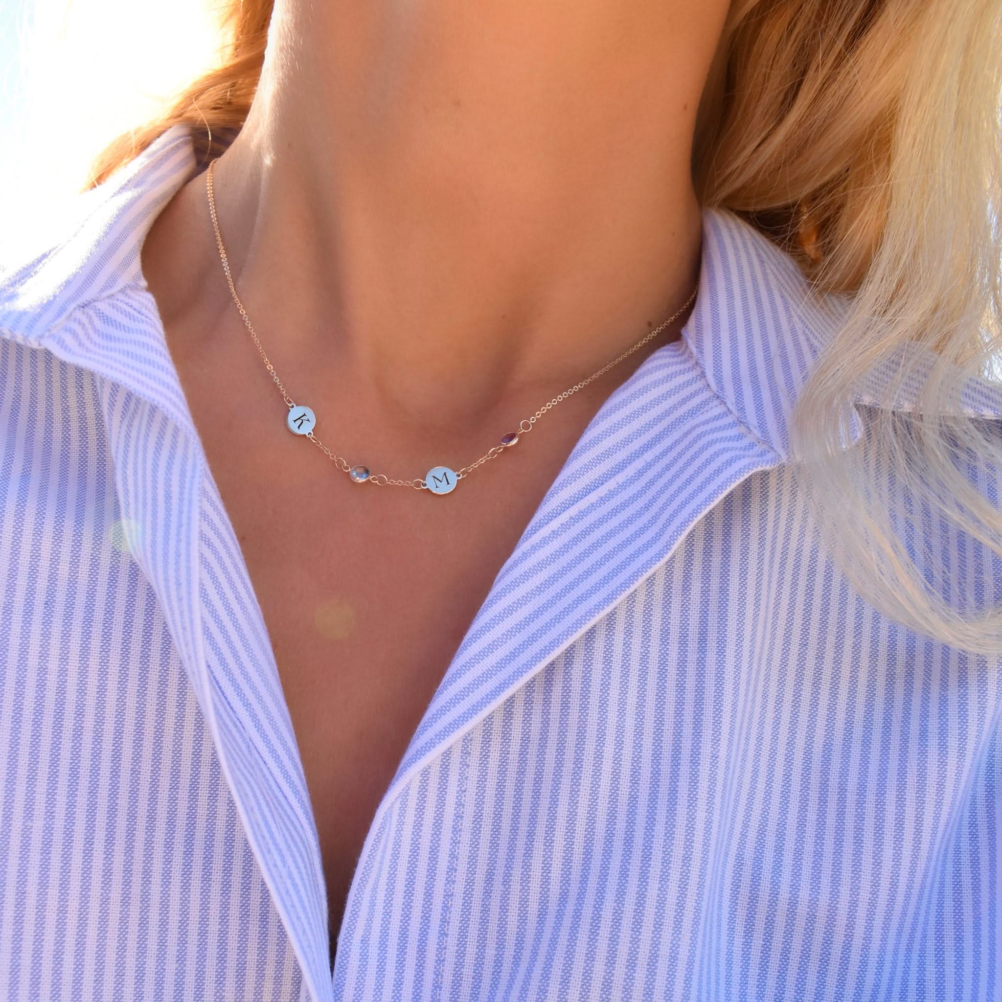 2 Letter & 2 Petite Birthstone Necklace in 14k Gold (Single Spacing) - Image 8