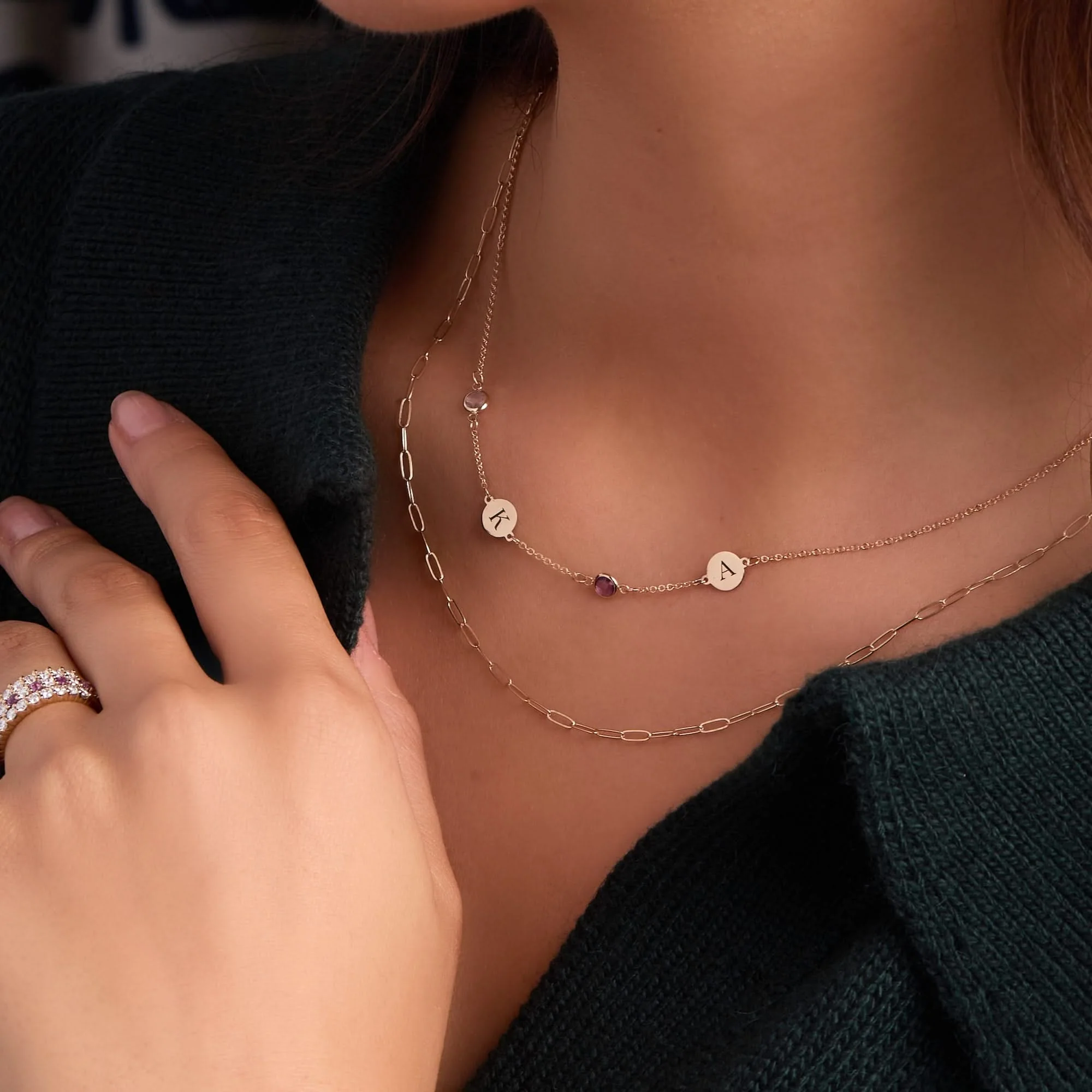 2 Letter & 2 Petite Birthstone Necklace in 14k Gold (Double Spacing) - Image 3