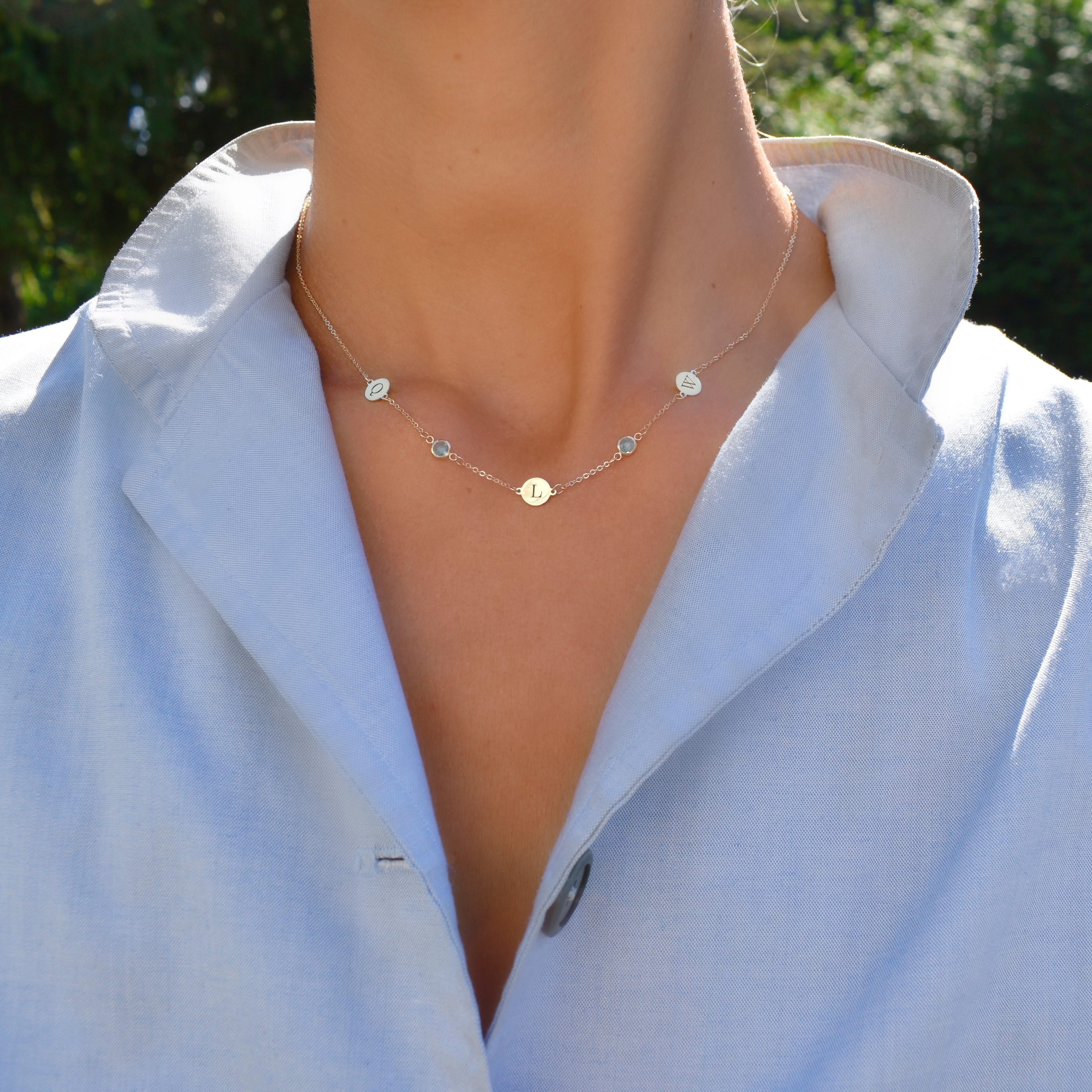 3 Letter & 2 Petite Birthstone Necklace in 14k Gold (Double Spacing) - Image 2