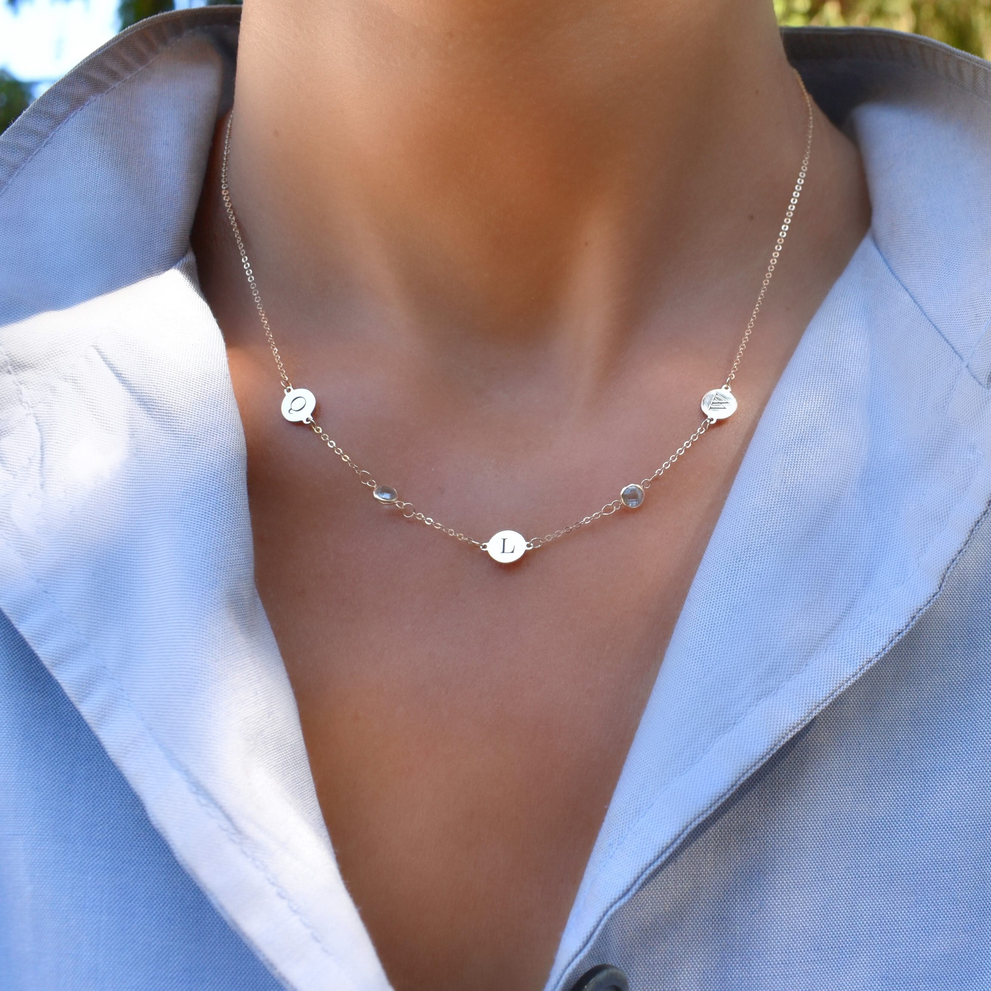 3 Letter & 2 Petite Birthstone Necklace in 14k Gold (Double Spacing) - Image 3