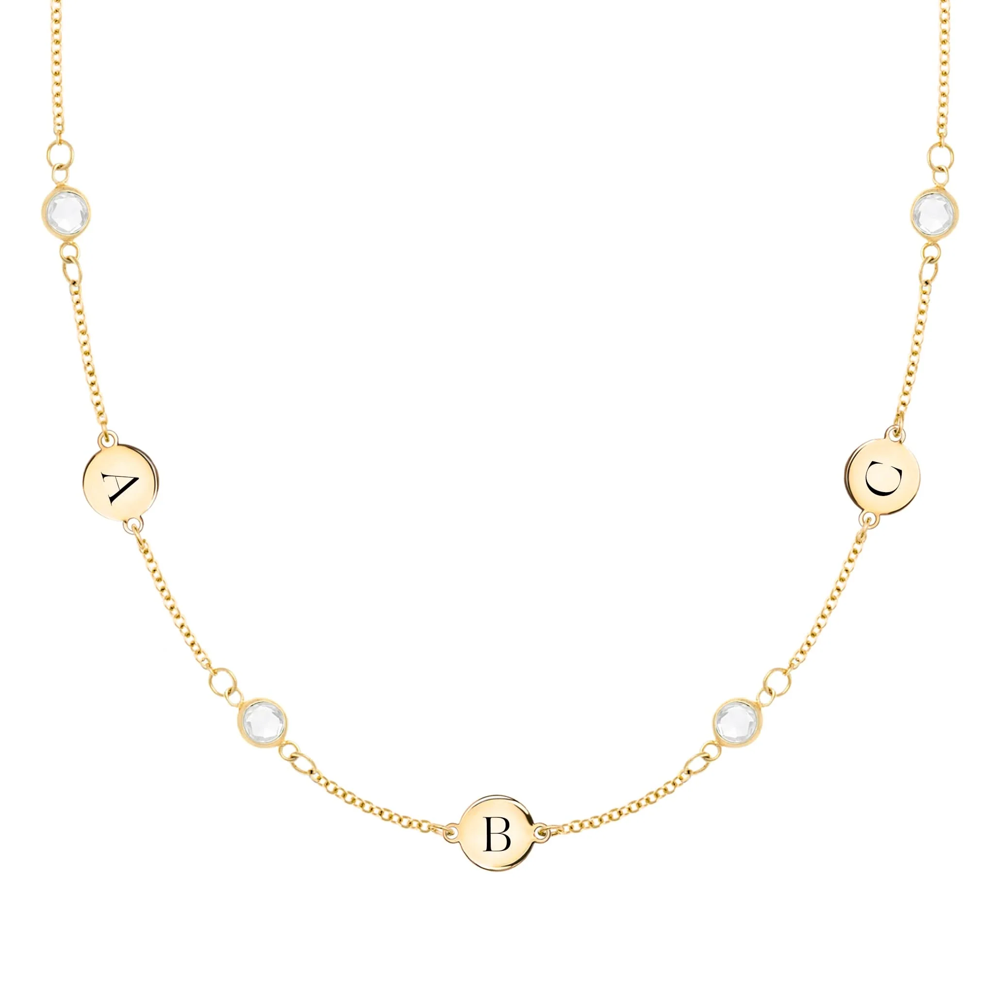 3 Letter & 4 Petite Birthstone Necklace in 14k Gold (Double Spacing)