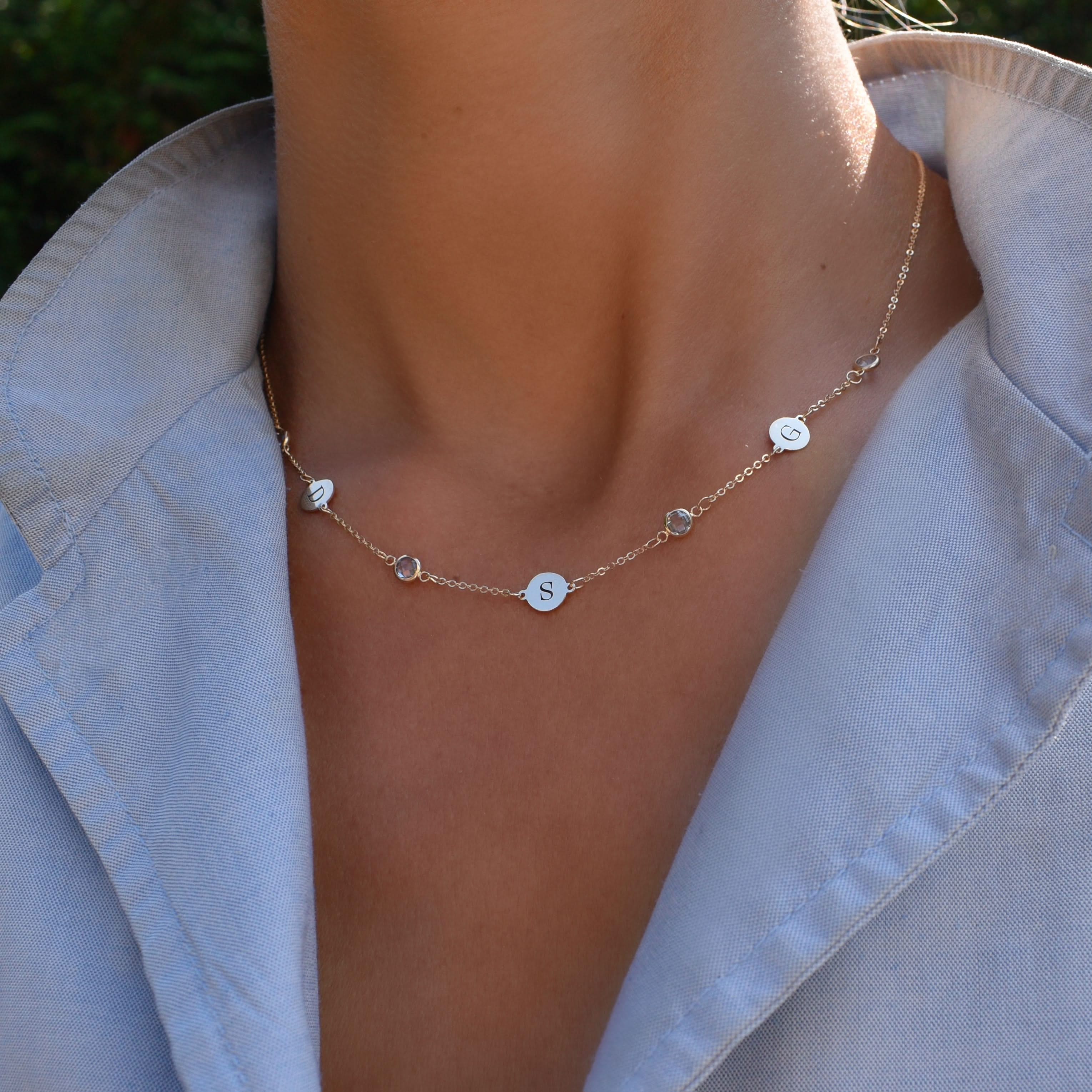 3 Letter & 4 Petite Birthstone Necklace in 14k Gold (Double Spacing) - Image 3