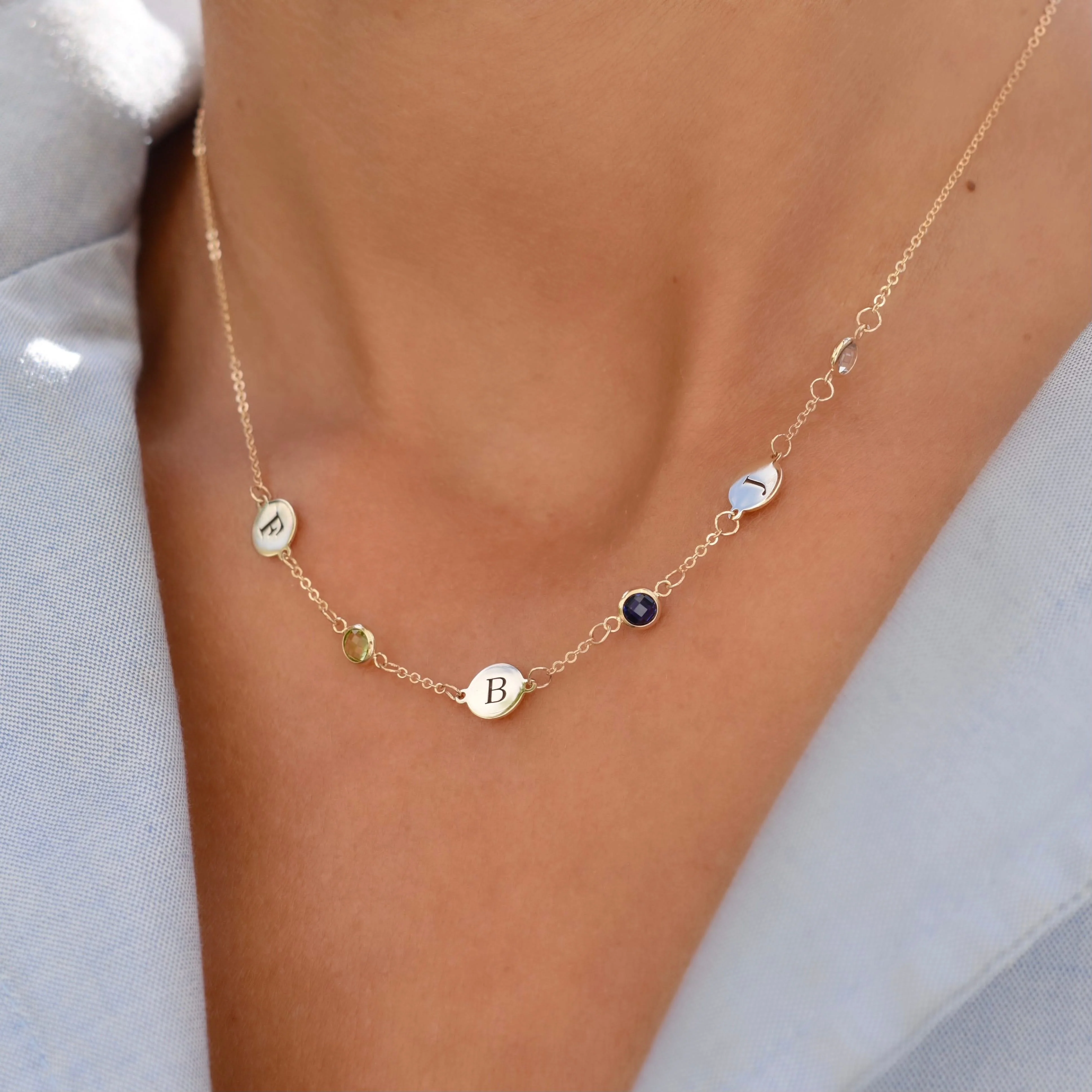 3 Letter & 3 Petite Birthstone Necklace in 14k Gold (Single Spacing) - Image 8