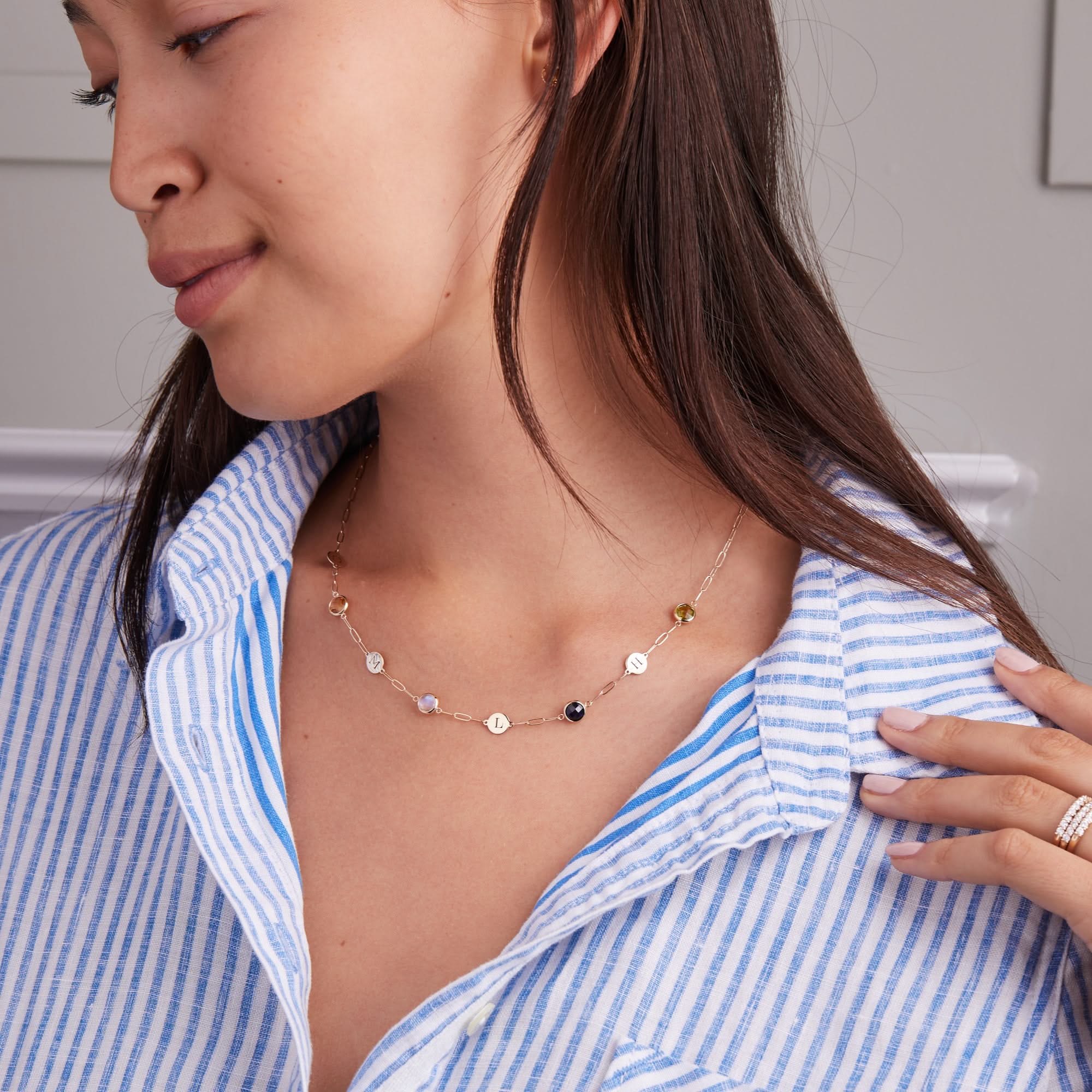 4 Letter & 4 Grand Birthstone Adelaide Mini Necklace in 14k Gold - Image 2