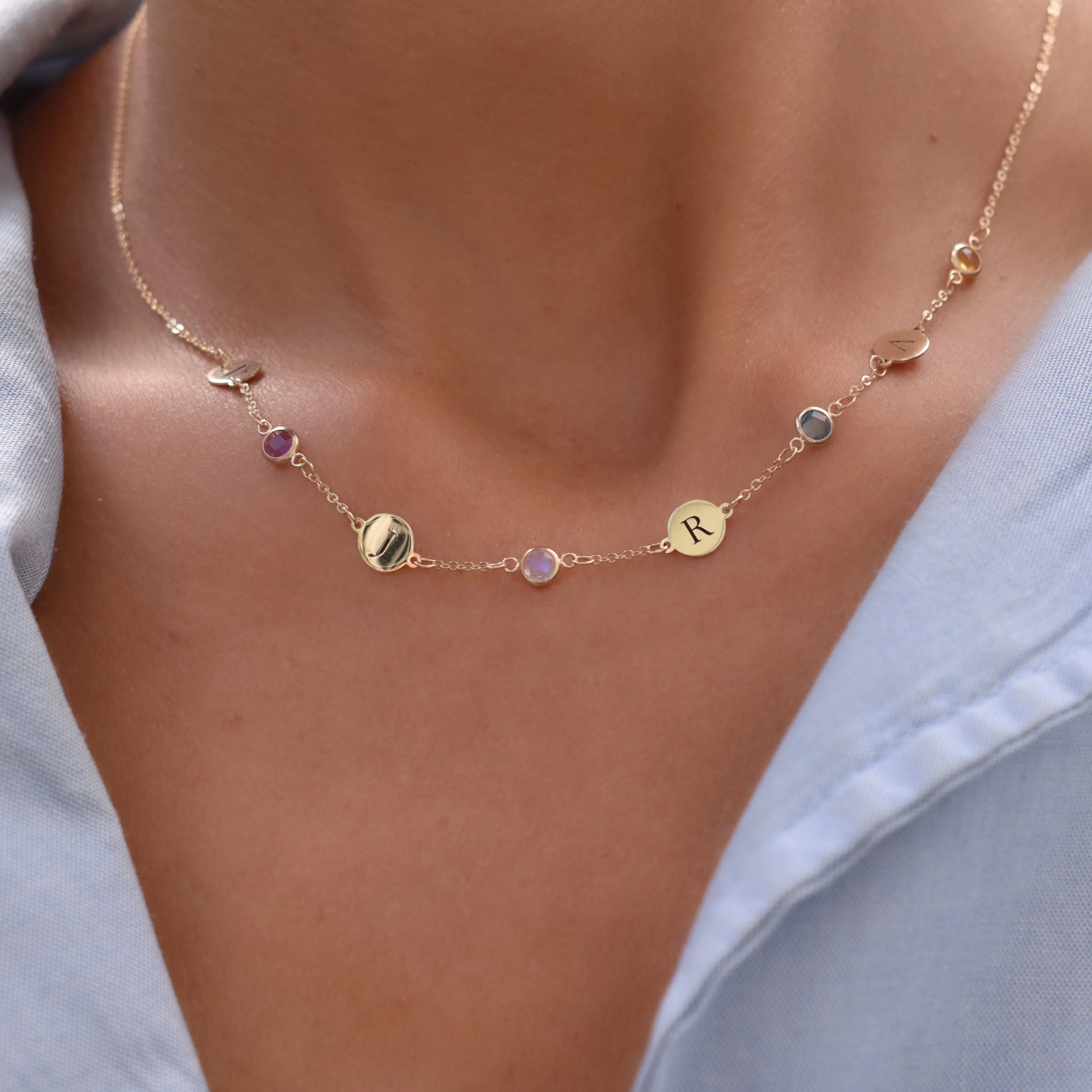 4 Letter & 4 Petite Birthstone Necklace in 14k Gold (Single Spacing) - Image 3