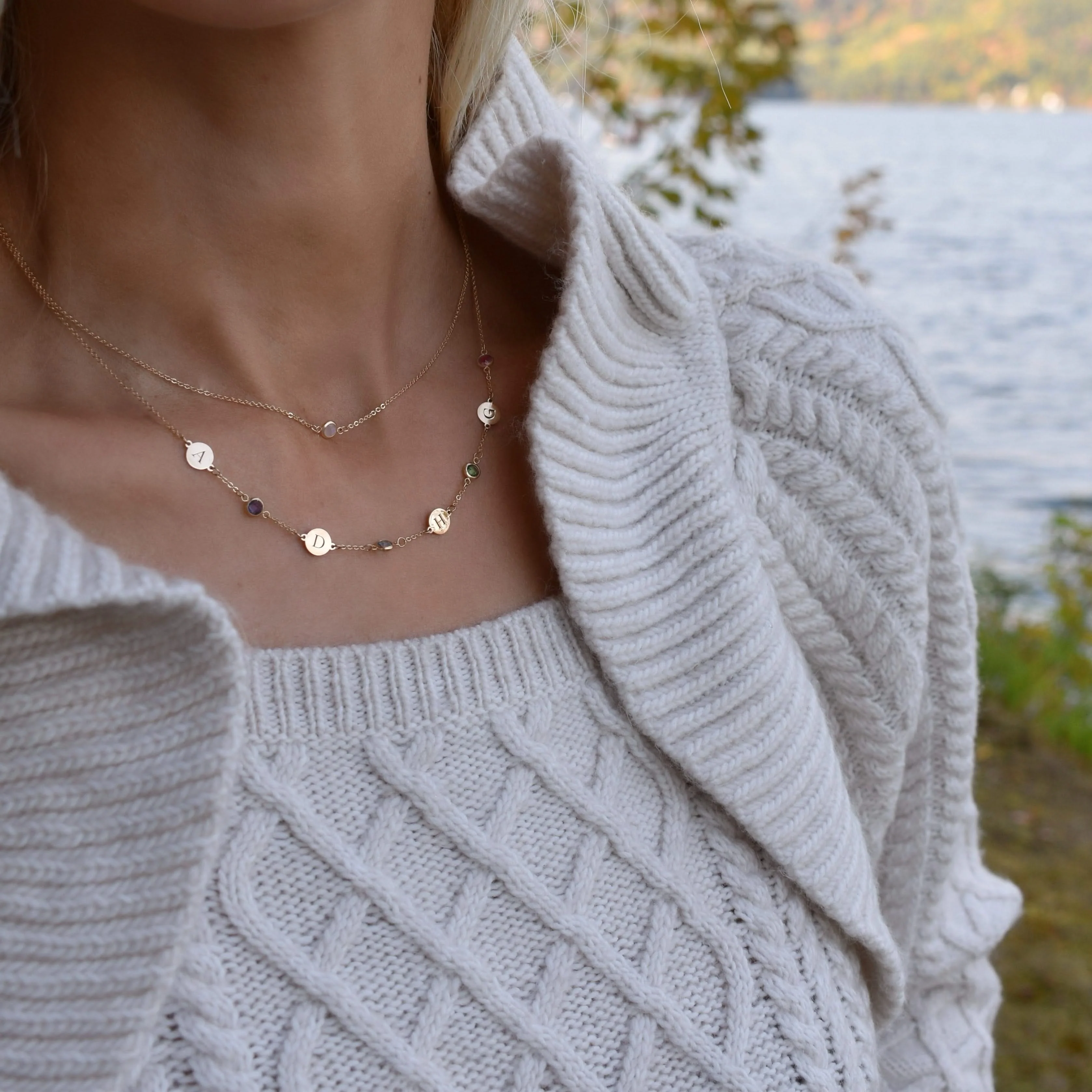 4 Letter & 4 Petite Birthstone Necklace in 14k Gold (Single Spacing) - Image 7