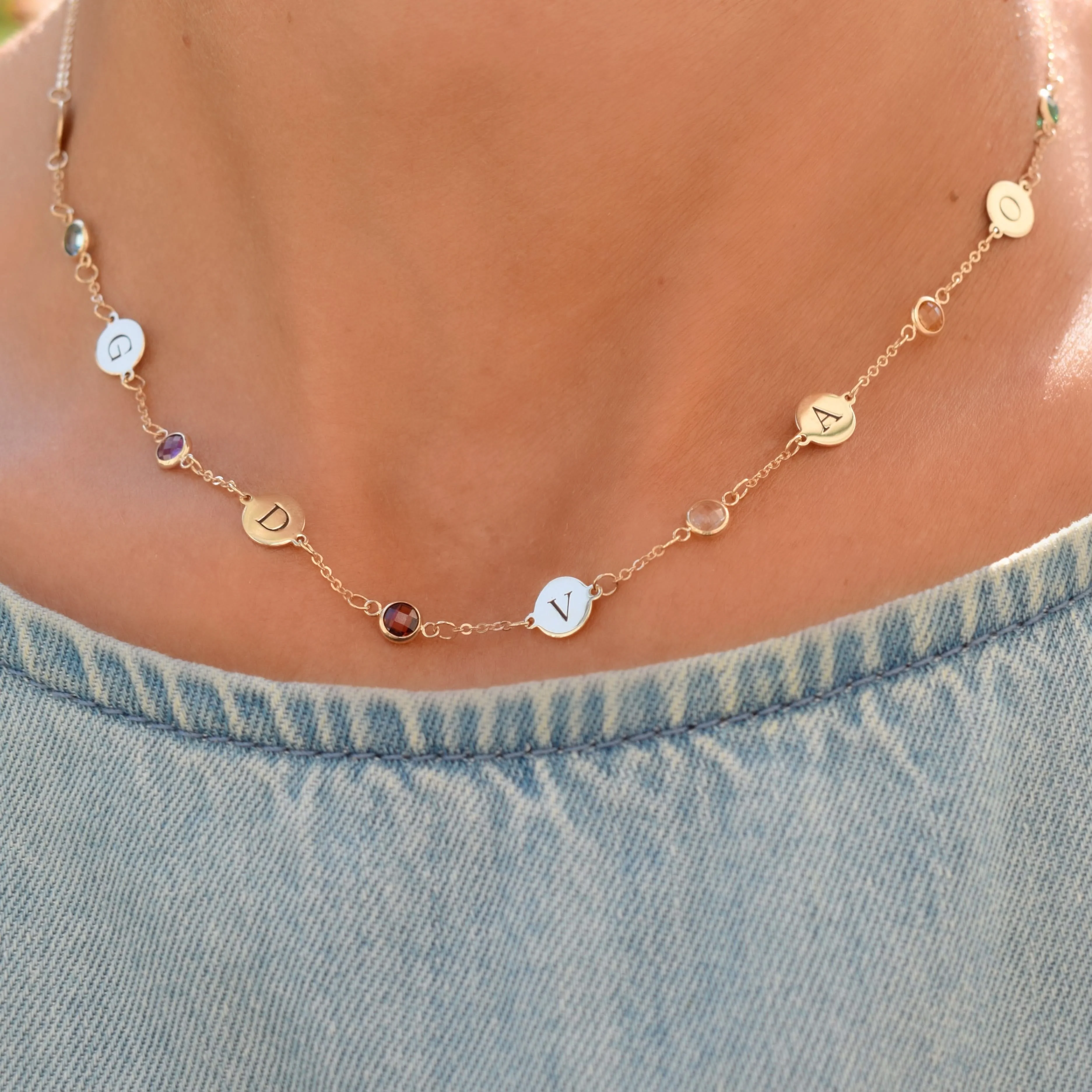 6 Letter & 6 Petite Birthstone Necklace in 14k Gold (Single Spacing) - Image 3