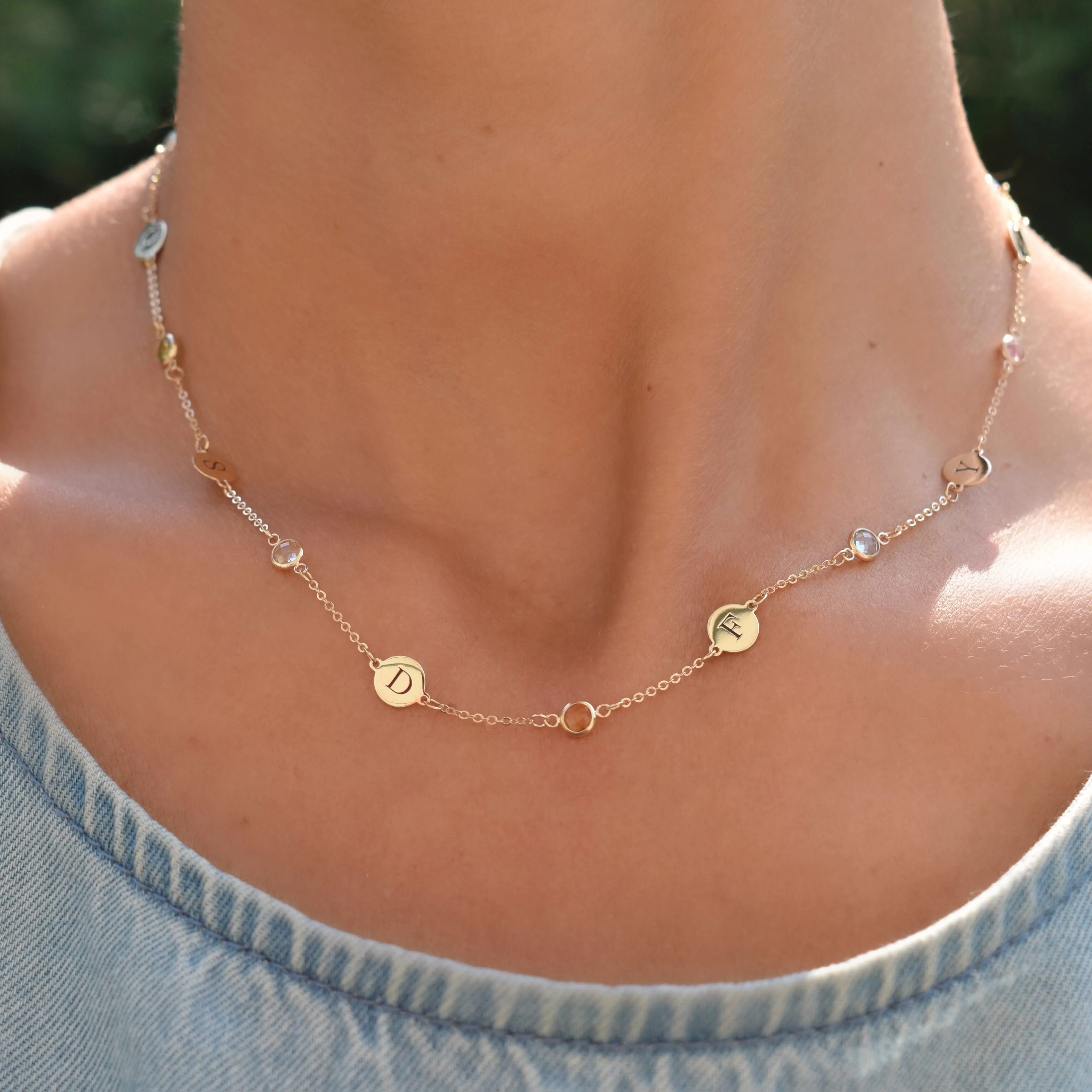 7 Letter & 7 Petite Birthstone Necklace in 14k Gold (Single Spacing) - Image 3