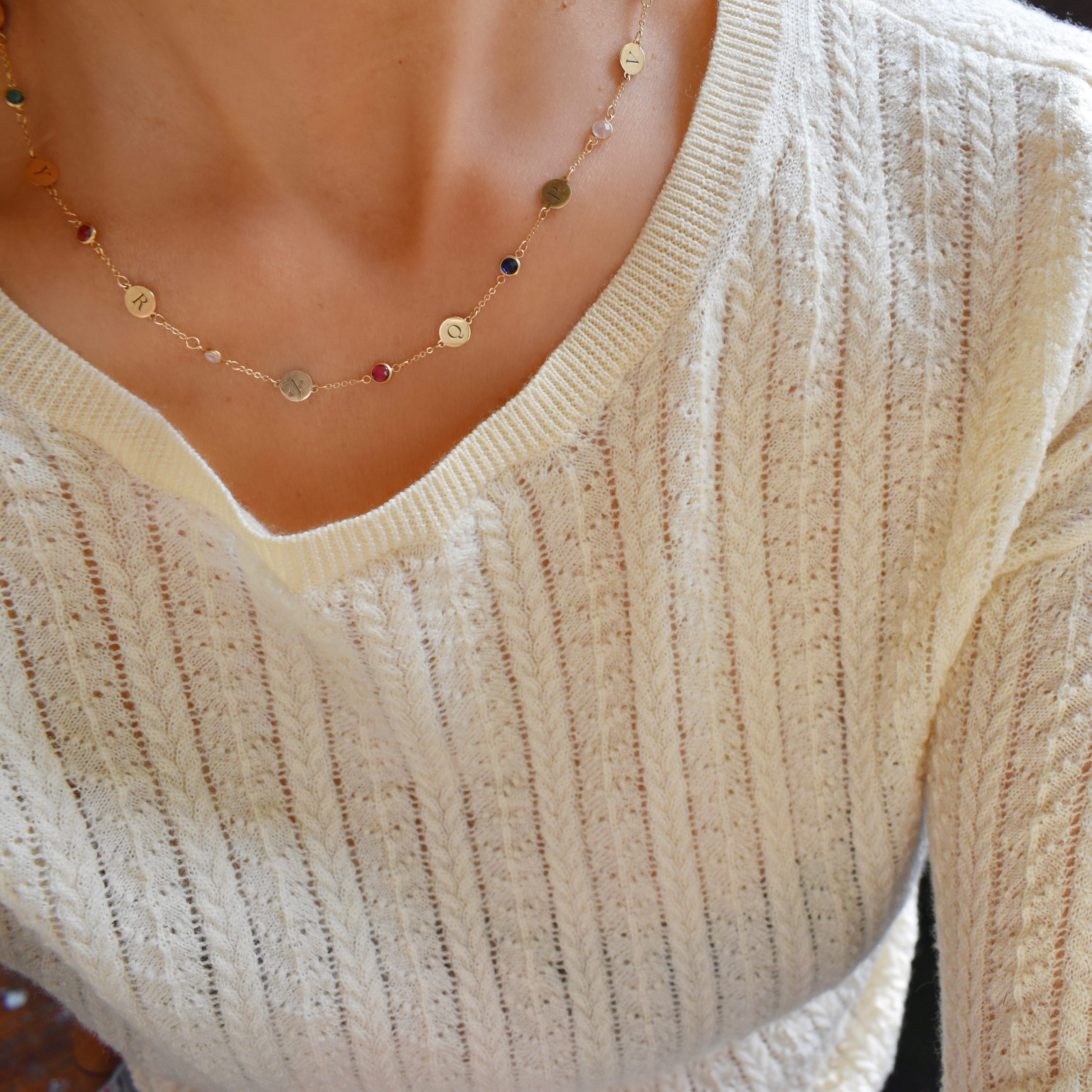 8 Letter & 8 Petite Birthstone Necklace in 14k Gold (Single Spacing) - Image 3