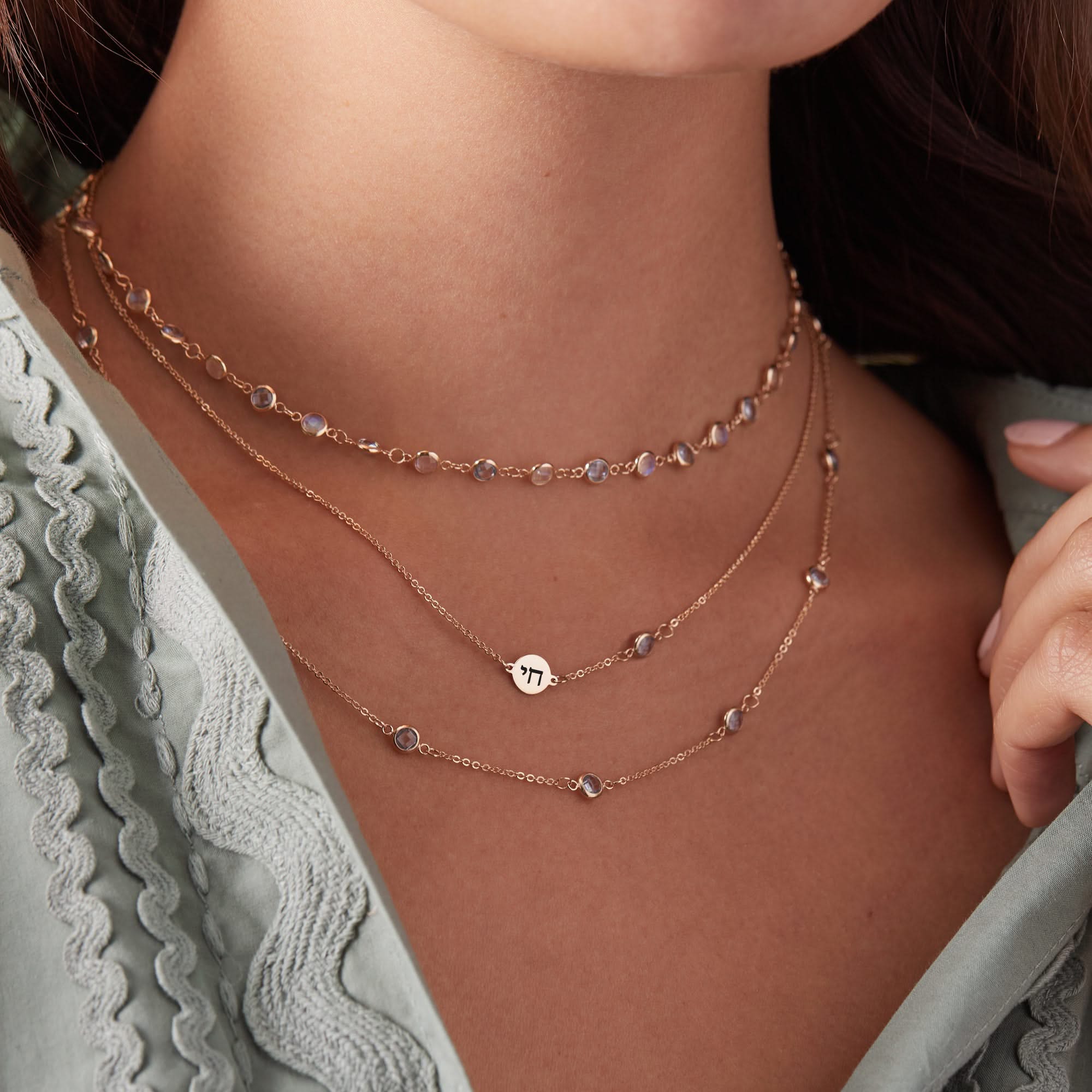 Chai Disc & Petite 1 Birthstone Necklace in 14k Gold (Centered) - Image 3
