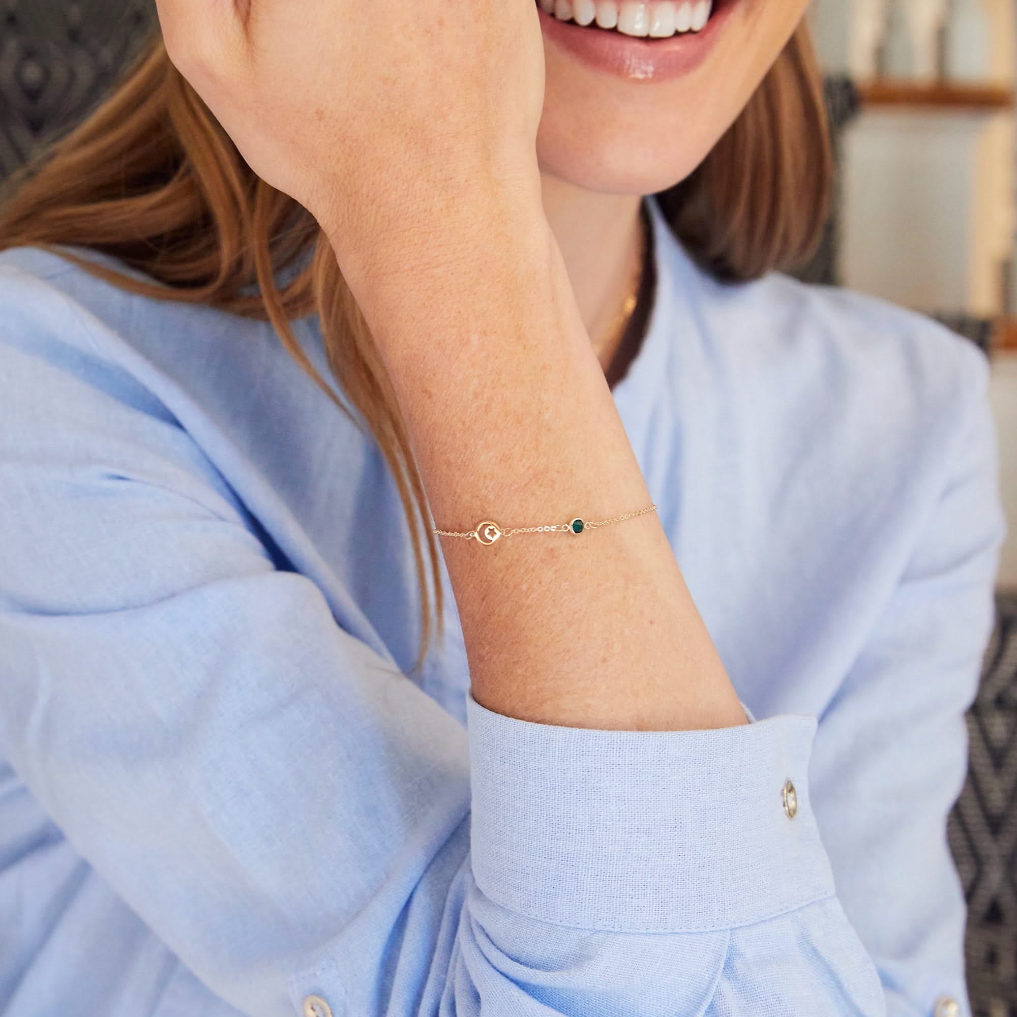 Crescent & Star Disc & Petite 1 Birthstone Bracelet in 14k Gold - Image 2