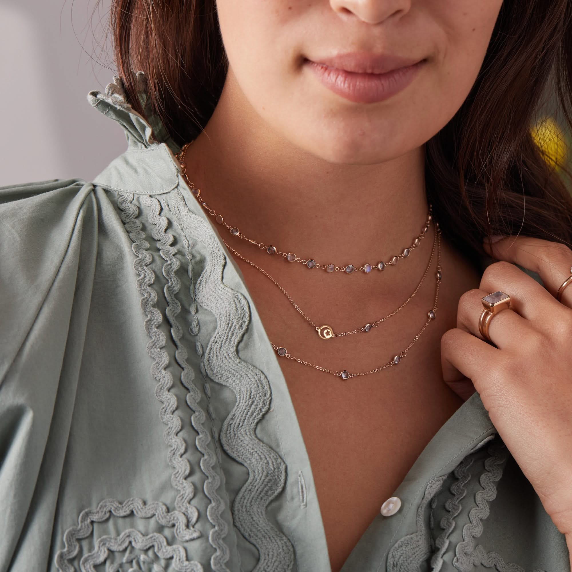 Crescent & Star Disc & Petite 1 Birthstone Necklace in 14k Gold - Image 2
