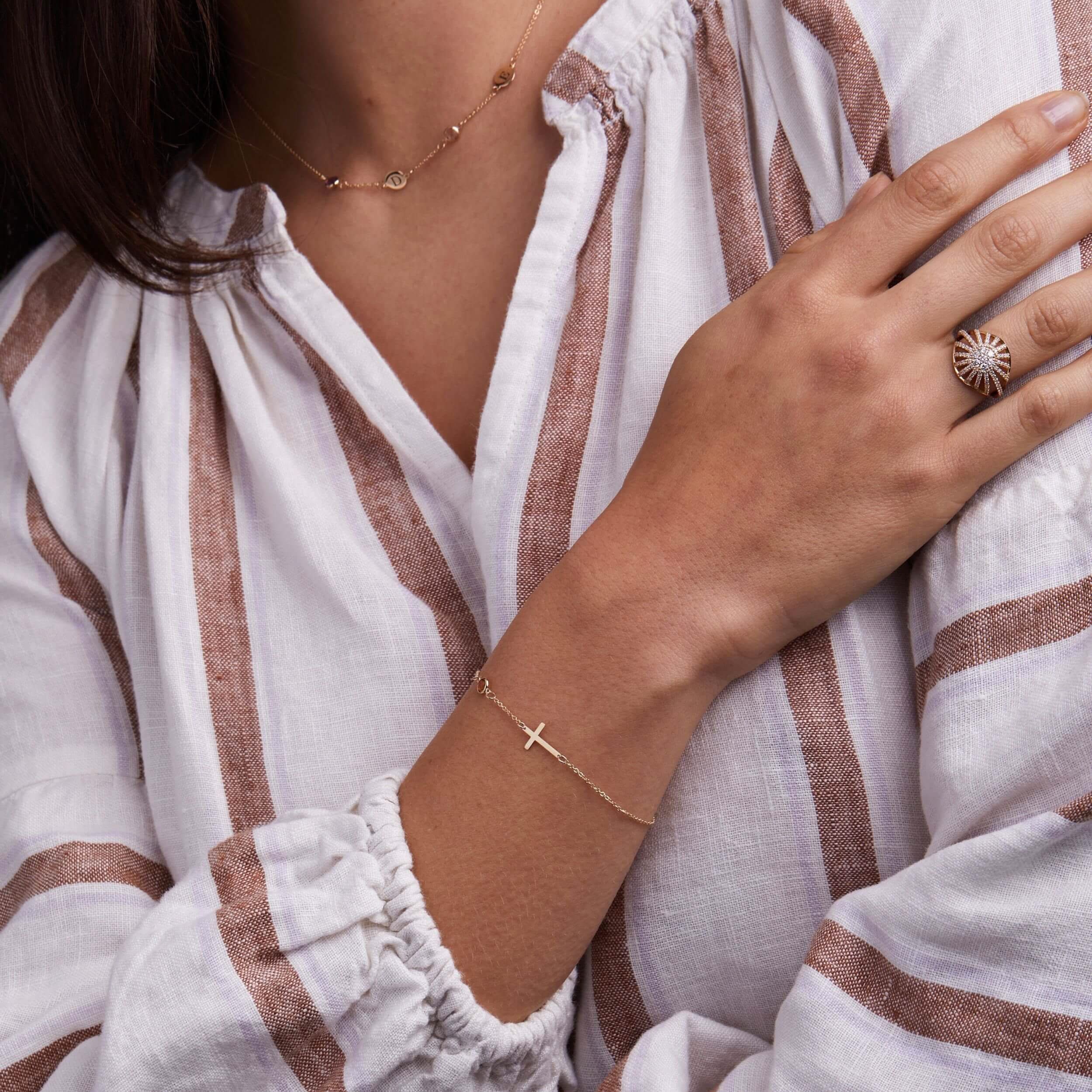 Cross & Petite 1 Birthstone Bracelet in 14k Gold - Image 2