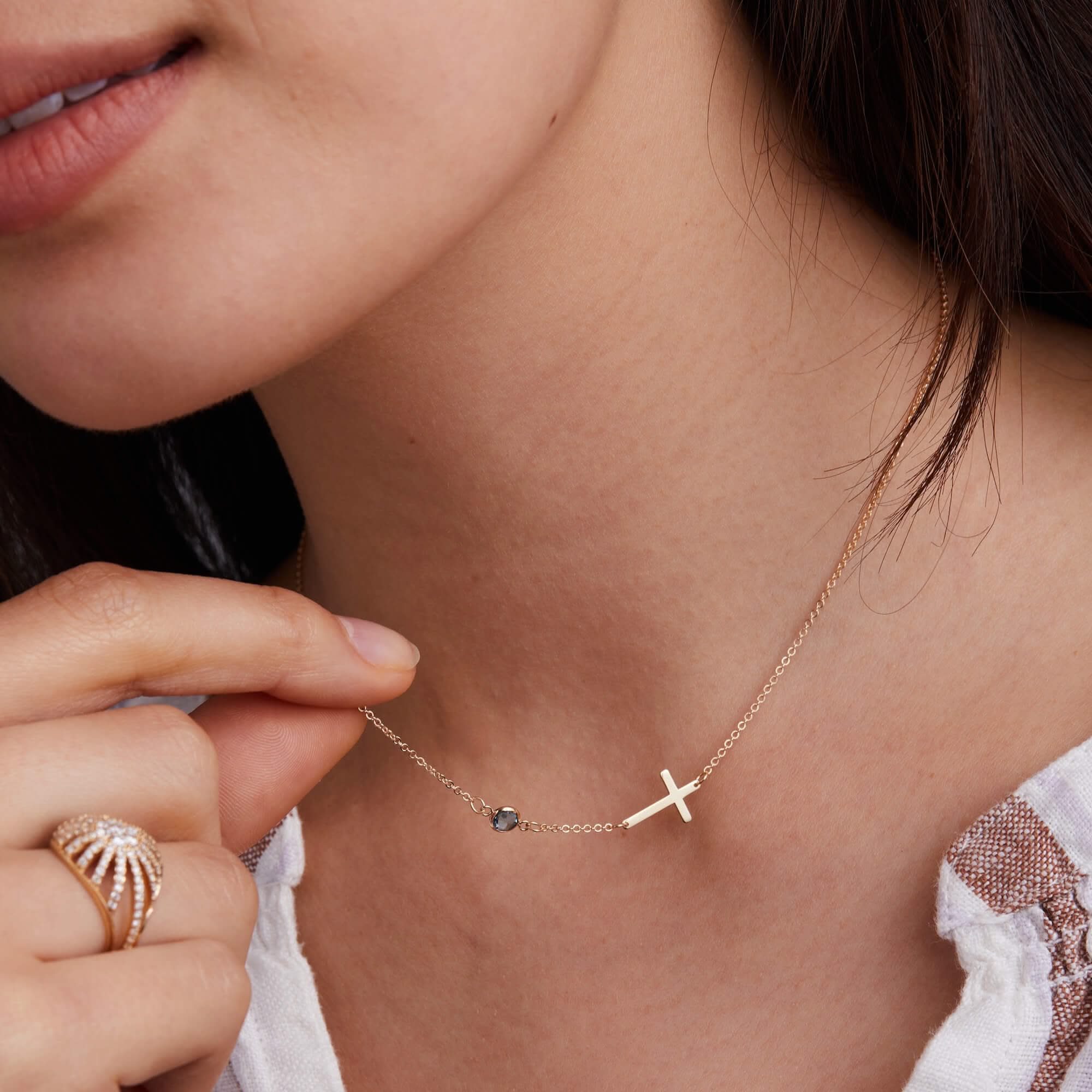 Cross & Petite 1 Birthstone Necklace in 14k Gold - Image 3