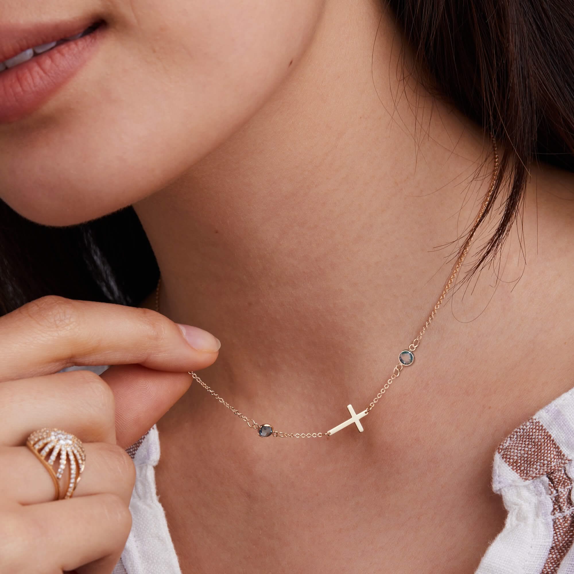 Cross & Petite 2 Birthstone Necklace in 14k Gold - Image 3