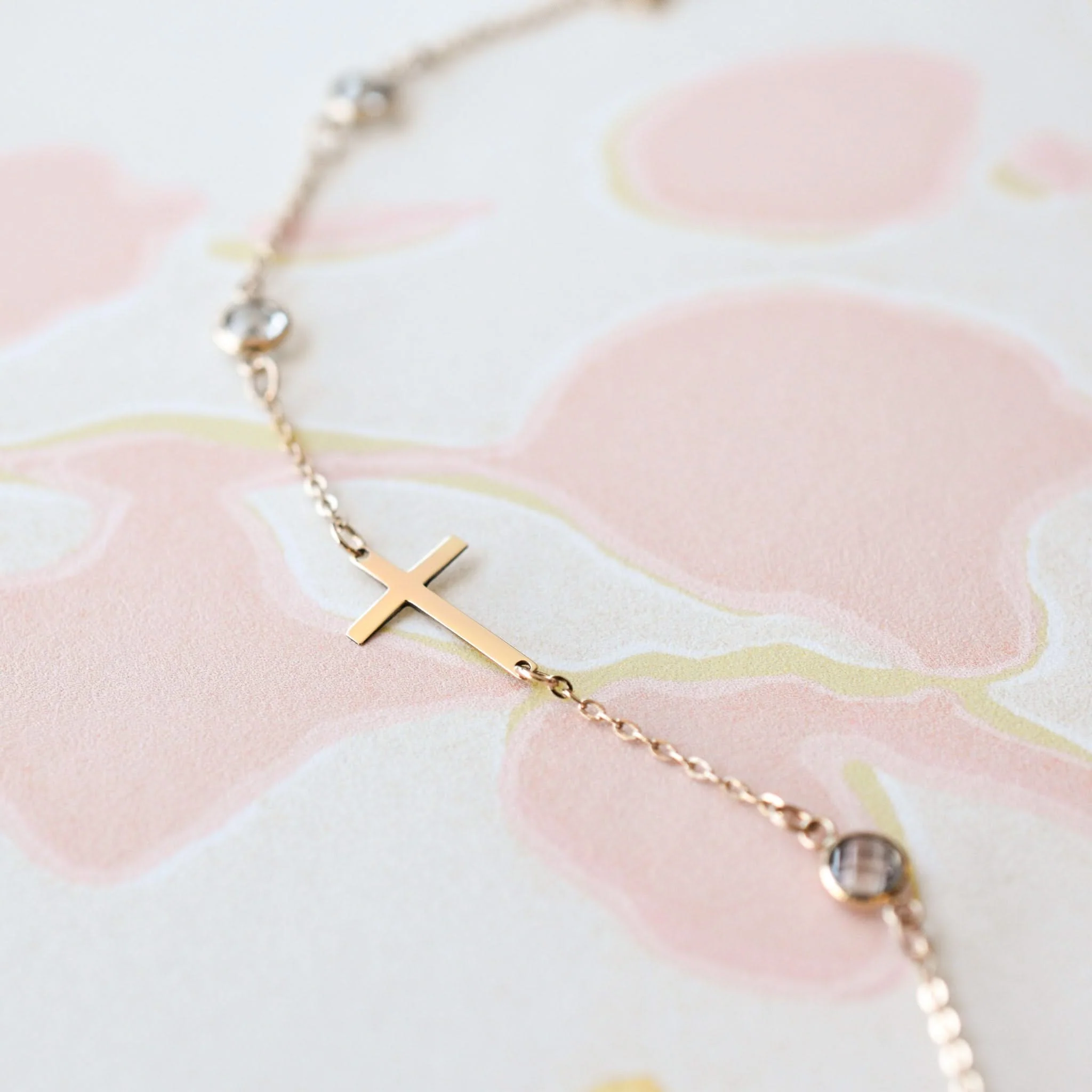 Cross & Petite 3 Birthstone Bracelet in 14k Gold - Image 9