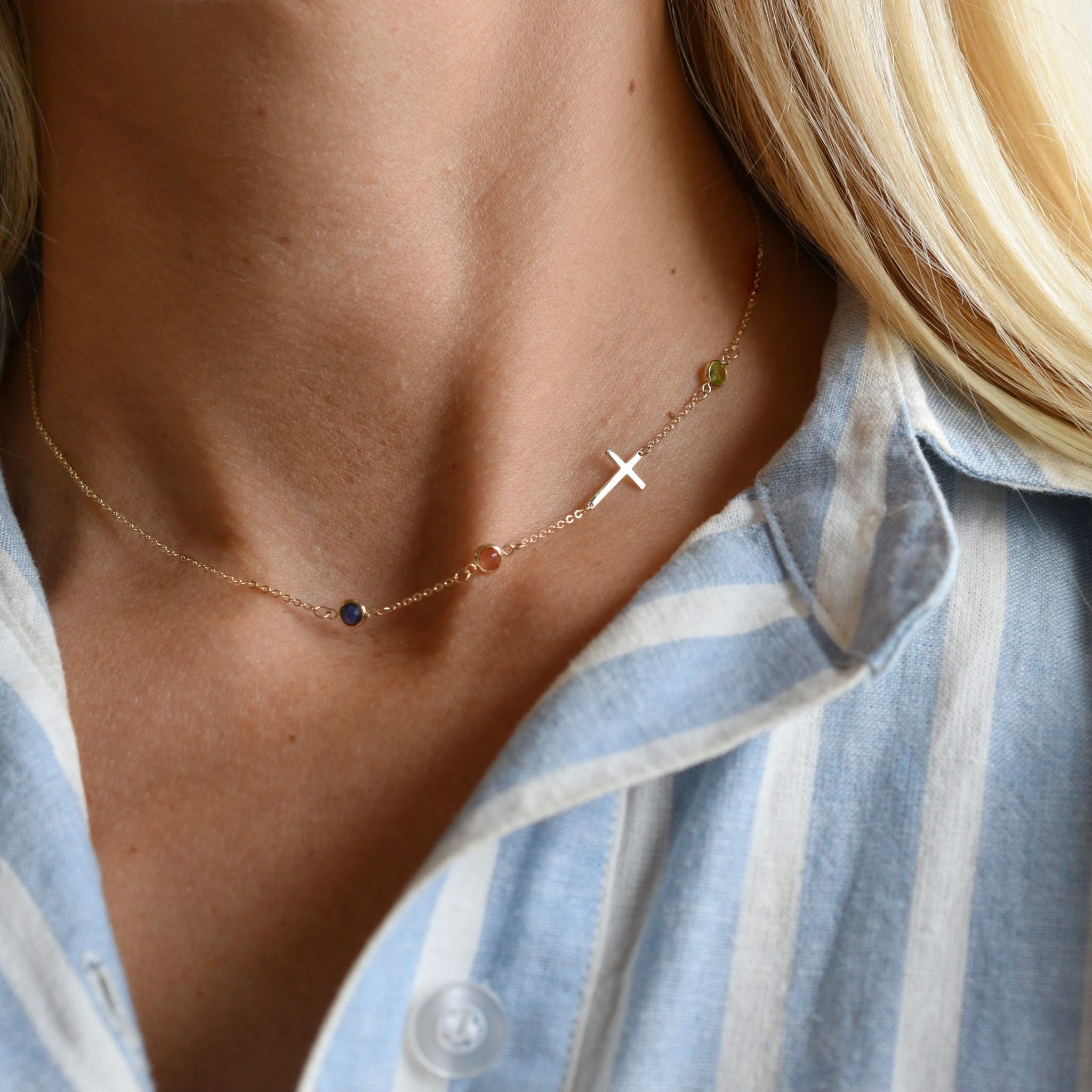 Cross & Petite 3 Birthstone Necklace in 14k Gold - Image 6