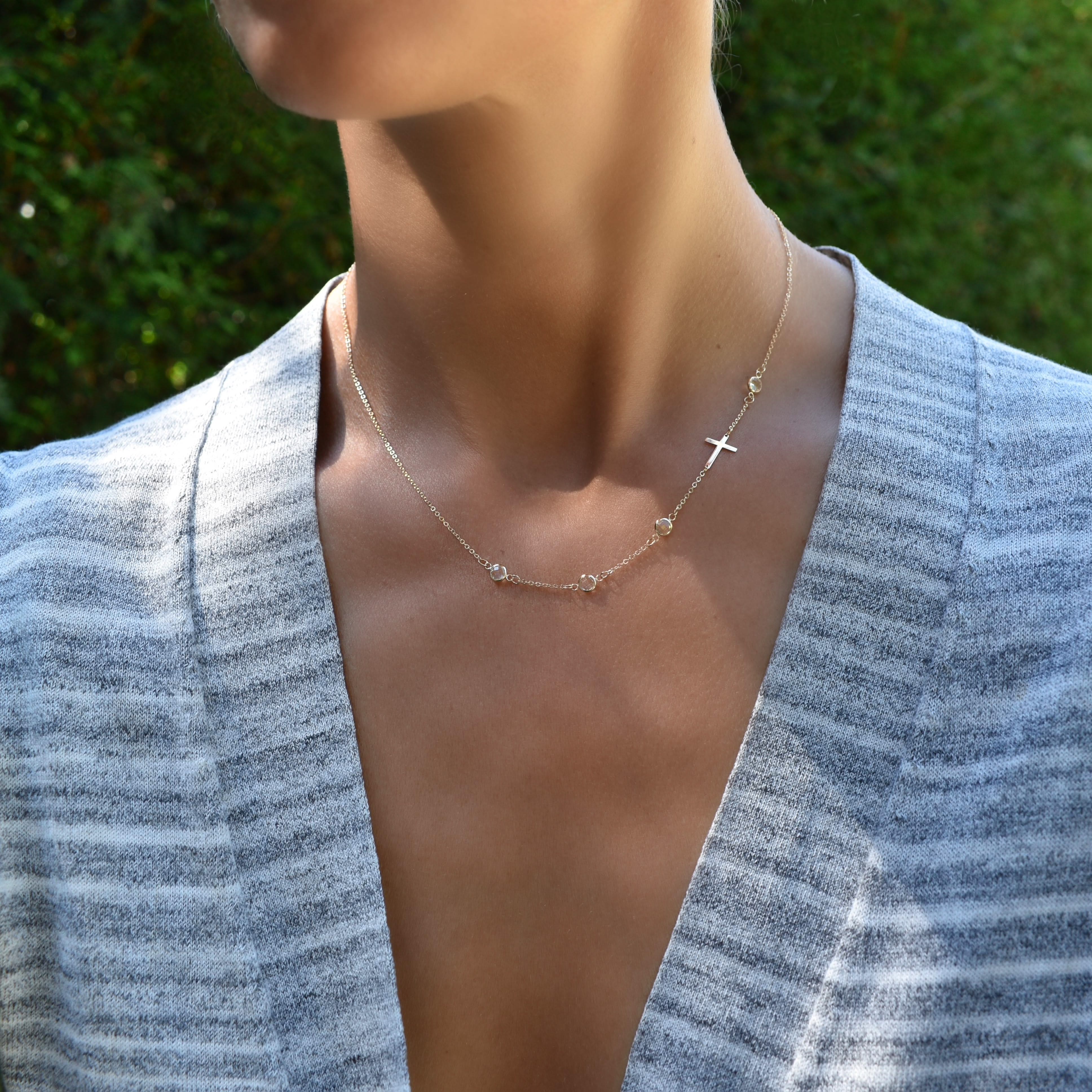 Cross & Petite 4 Birthstone Necklace in 14k Gold - Image 3