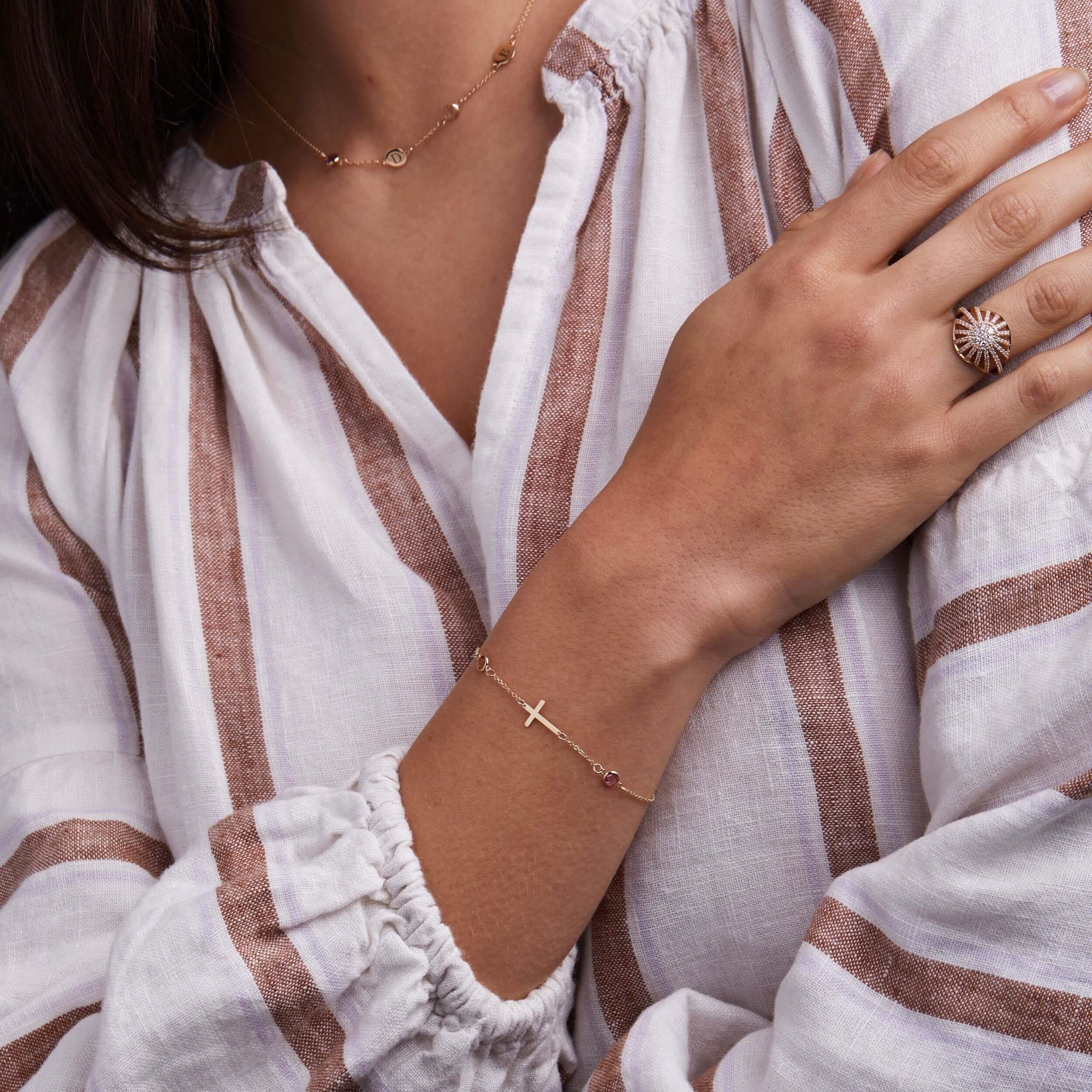 Cross & Petite 5 Birthstone Bracelet in 14k Gold - Image 2