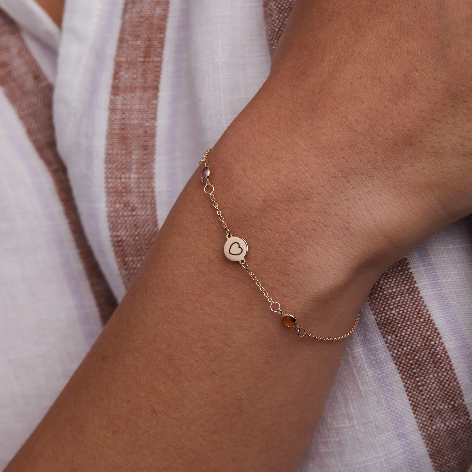 Heart Disc & Petite 2 Birthstone Bracelet in 14k Gold - Image 3