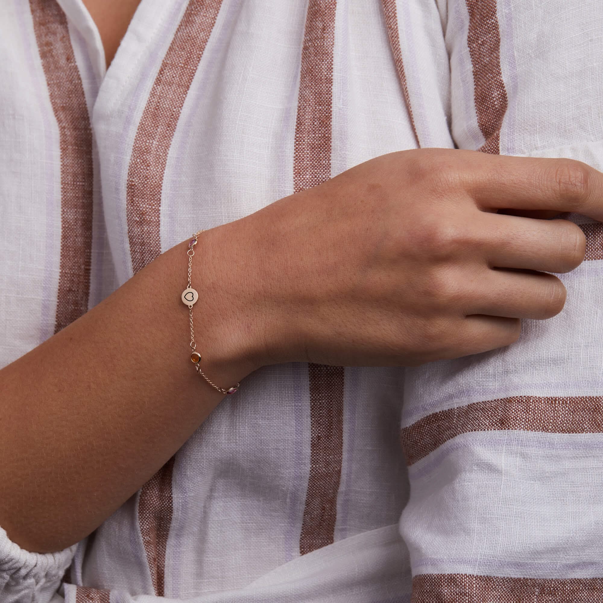 Heart Disc & Petite 6 Birthstone Bracelet in 14k Gold - Image 2
