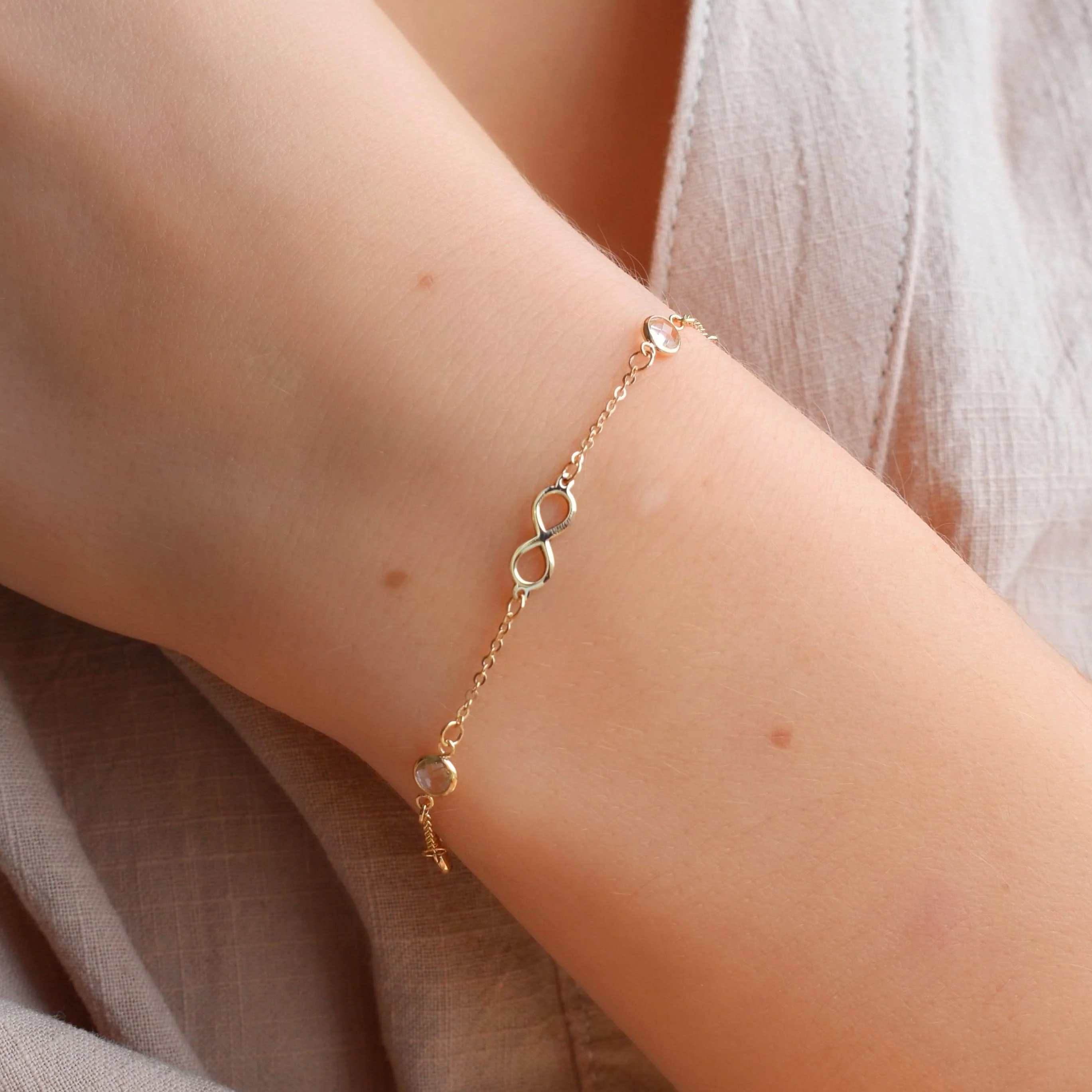 Infinity & Petite 3 Birthstone Bracelet in 14k Gold - Image 3