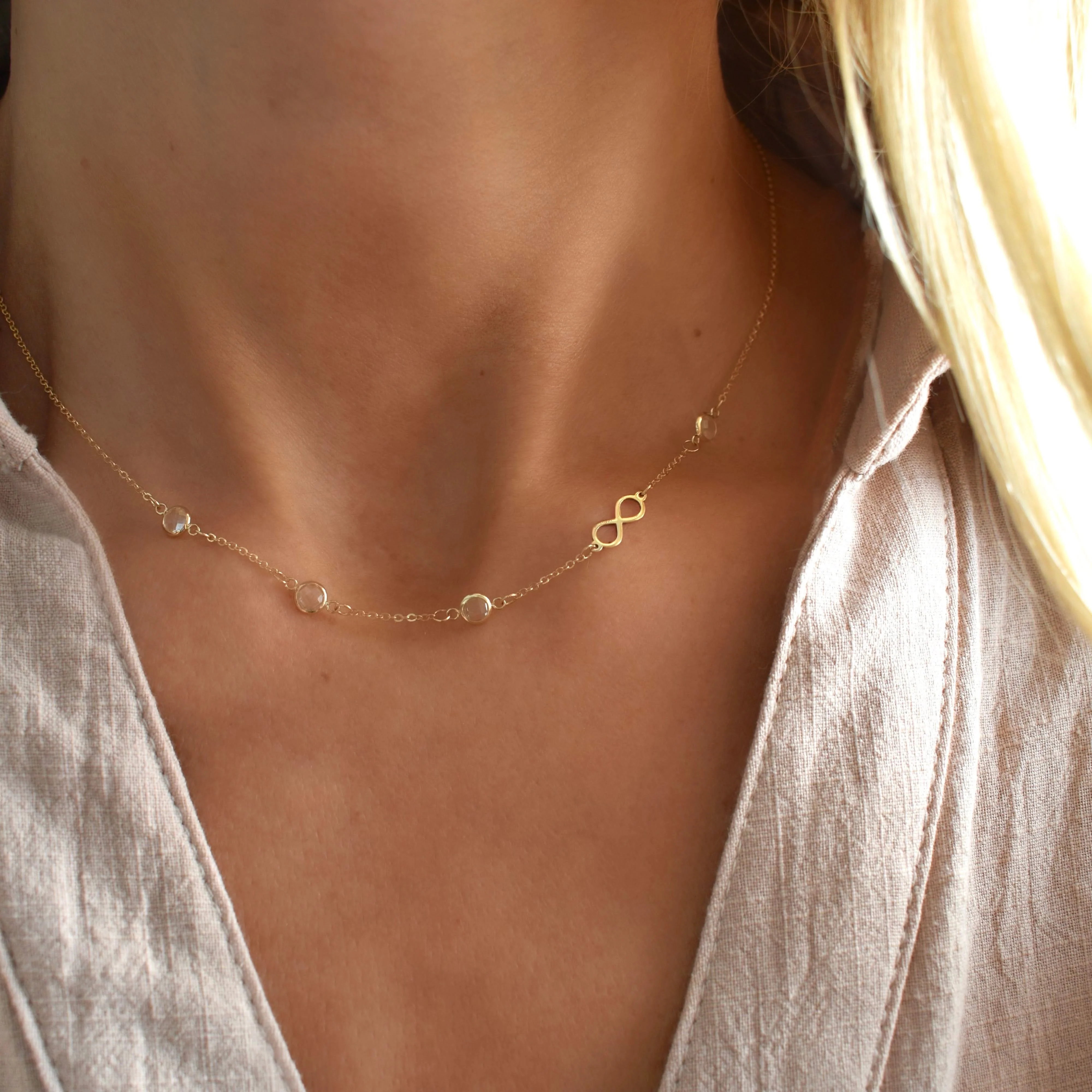 Infinity & Petite 4 Birthstone Necklace in 14k Gold - Image 3