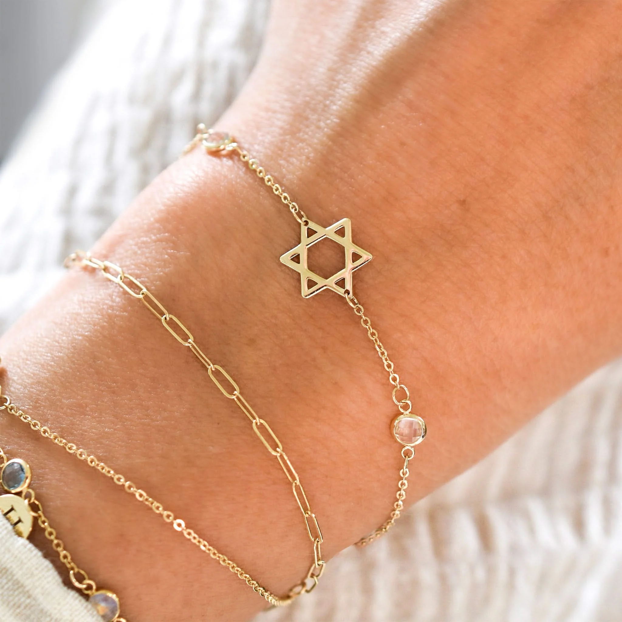 Star of David & Petite 2 Birthstone Bracelet in 14k Gold - Image 2
