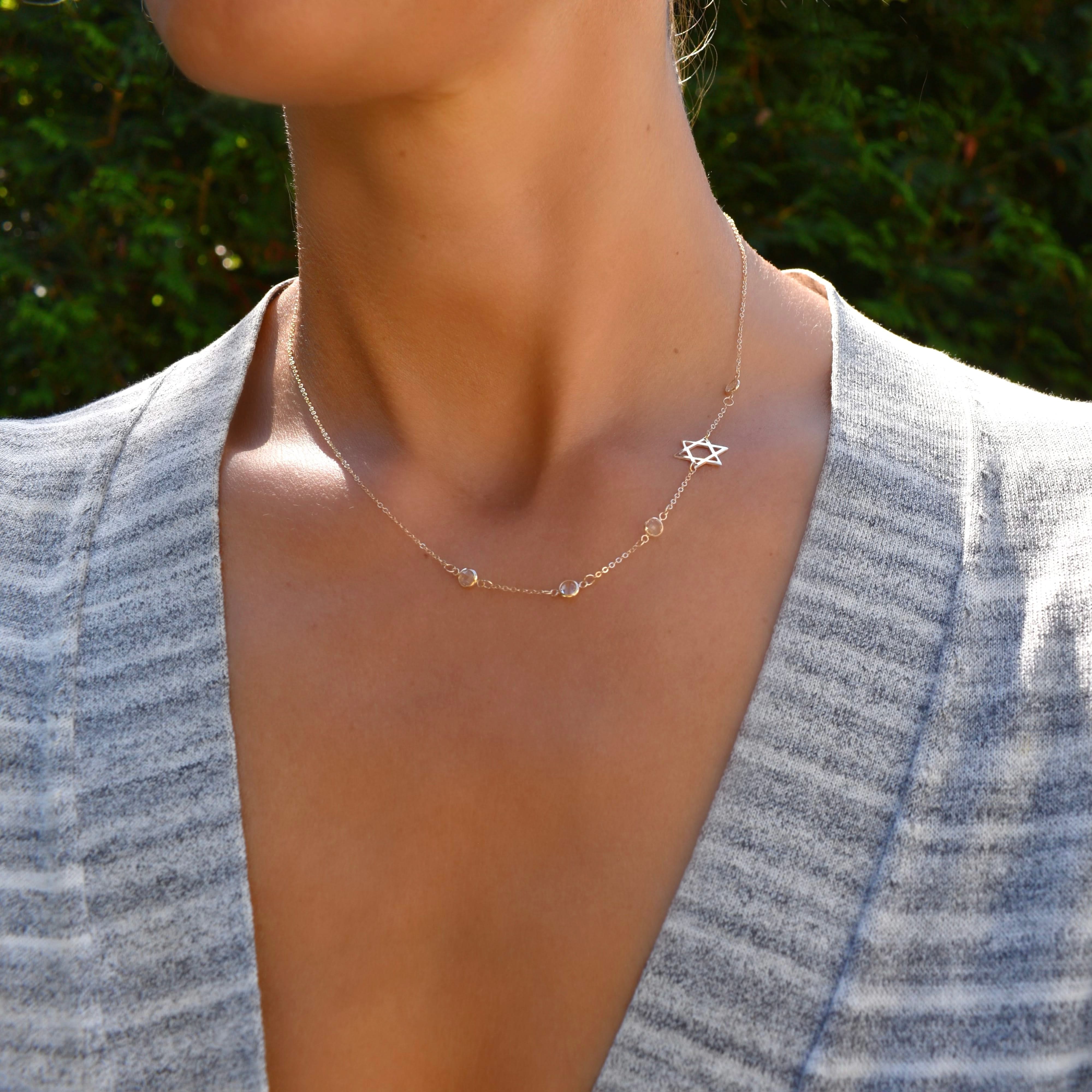 Star of David & Petite 4 Birthstone Necklace in 14k Gold - Image 2