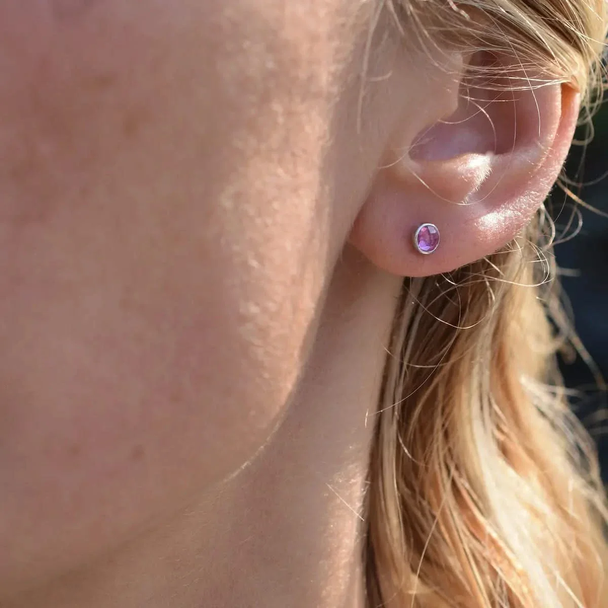 Petite Pink Sapphire Stud Earrings in 14k Gold (October) - Image 8