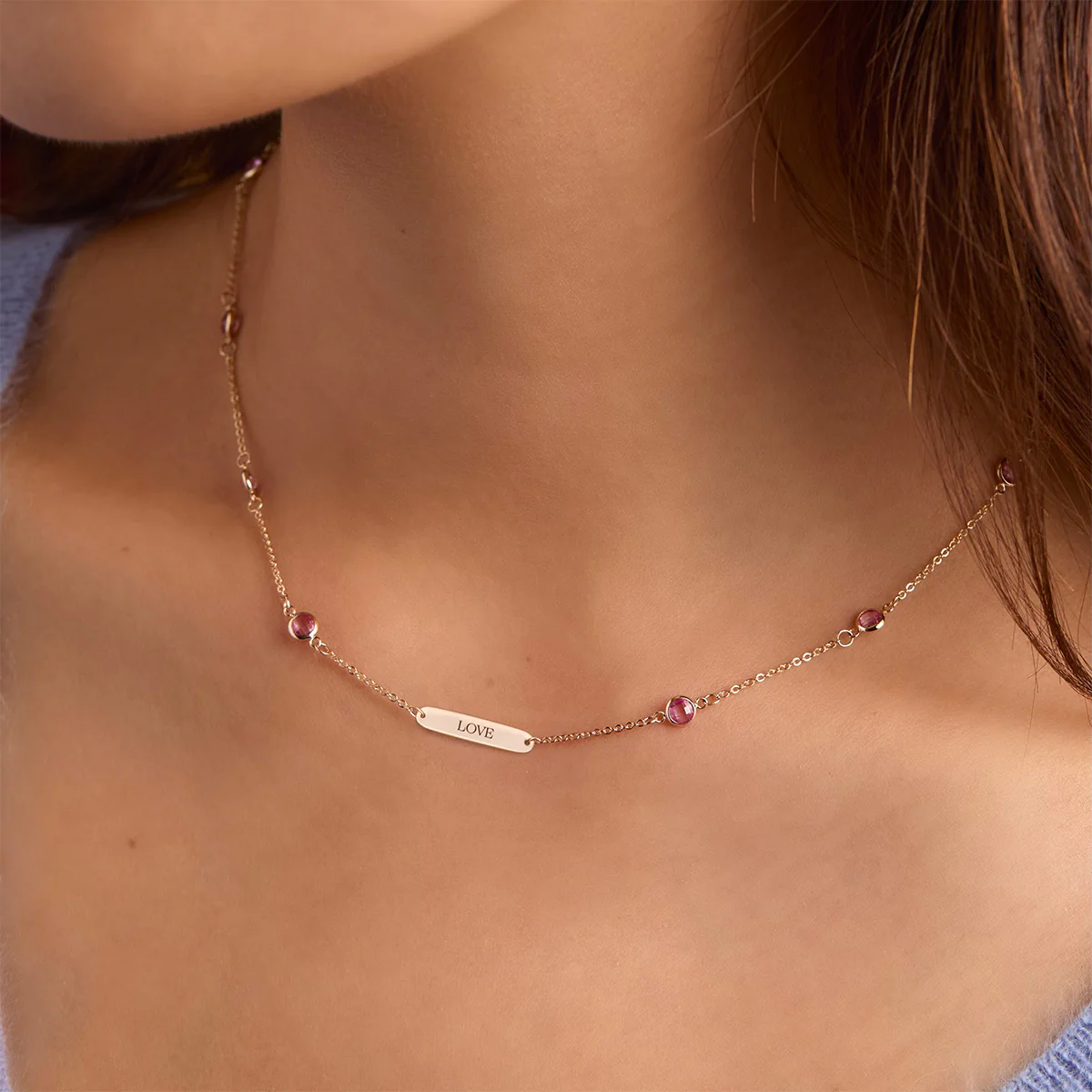 Pink Awareness LOVE & 10 Petite Pink Sapphire Necklace in 14k Gold - Image 3