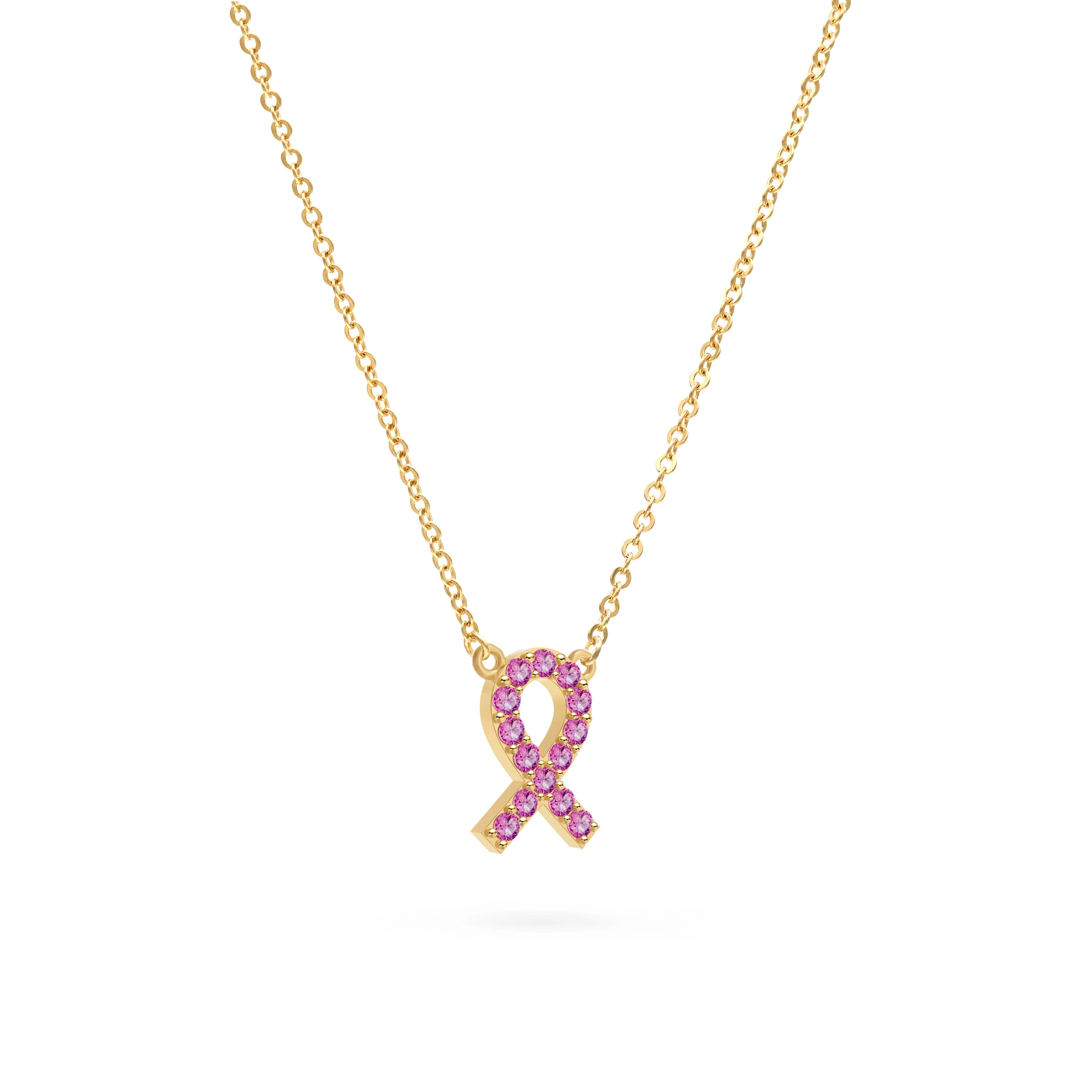 Pink Awareness Pave Ribbon Necklace in 14k Gold - Image 4
