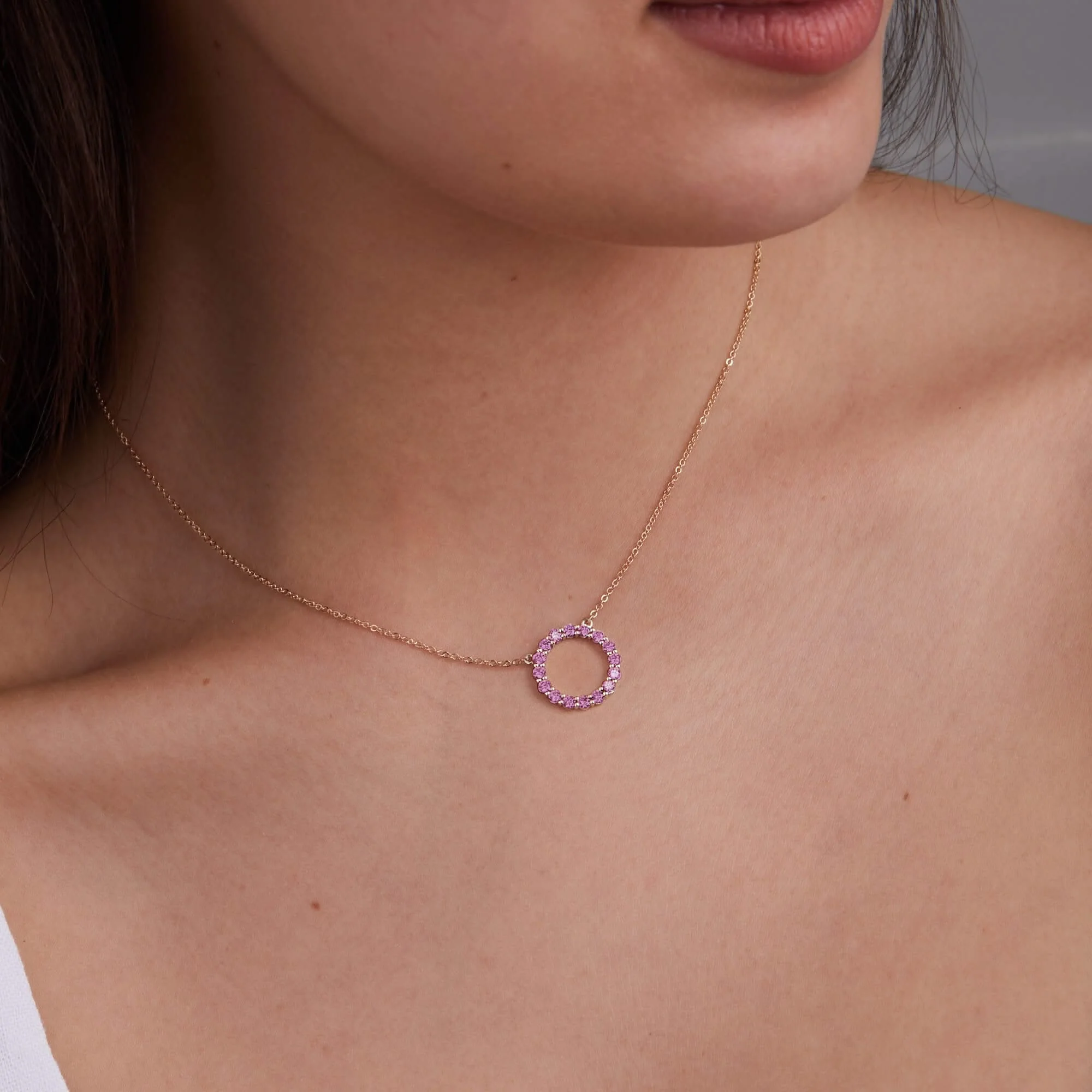 Rosecliff Circle Pink Sapphire Necklace in 14k Gold (October) - Image 3